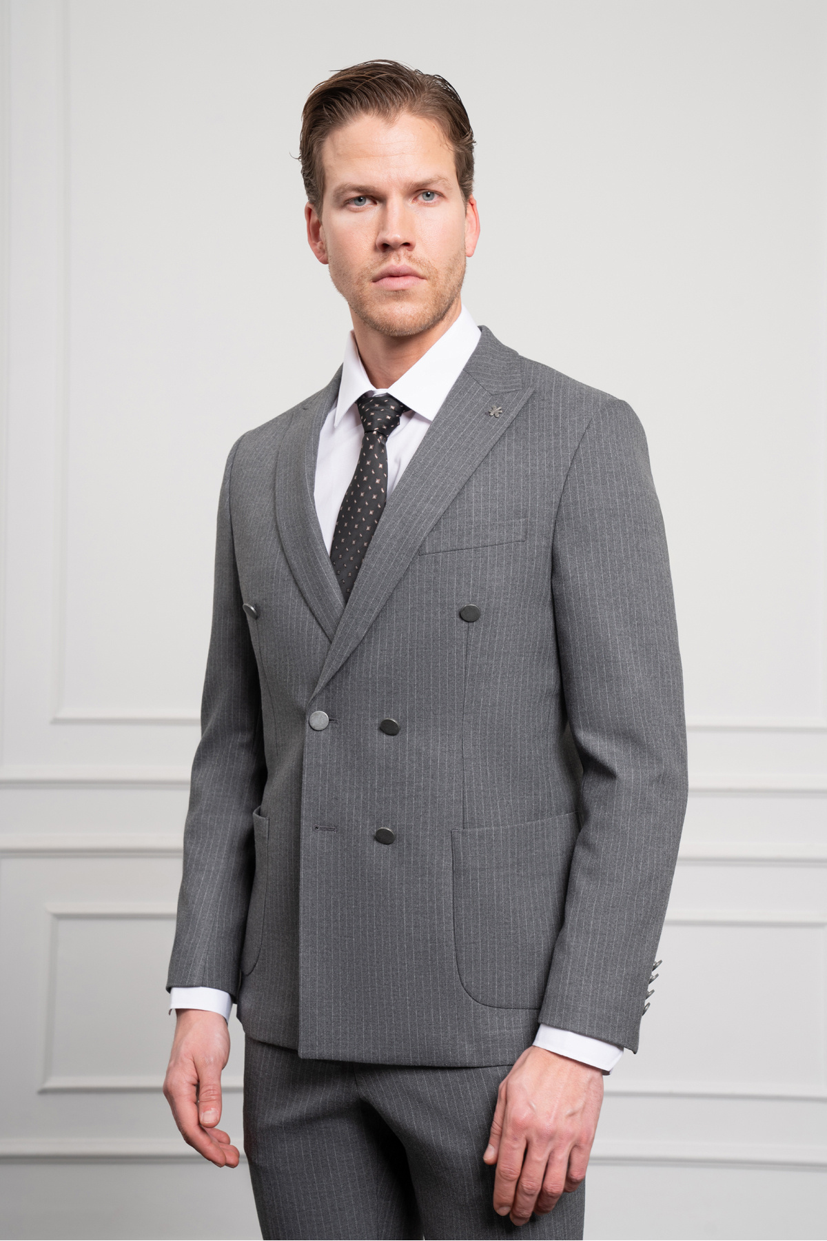 Morven-Men's Smoked Trend Double Breasted Slim Fit Slim Fit Pointed Collar Suit 1