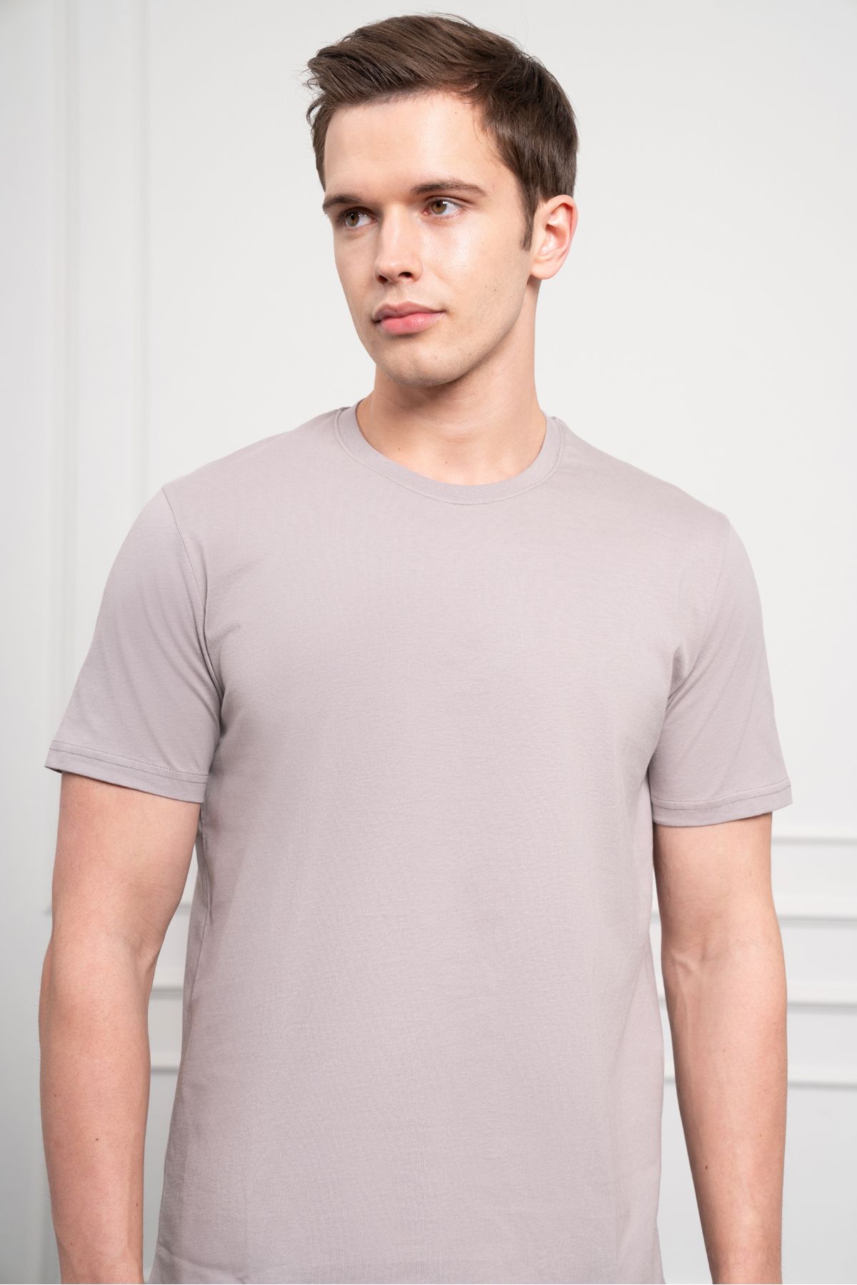 Morven-Pánské SVĚTLE ŠEDÉ bavlněné tričko Basic Crew Neck Dynamic Fit 4