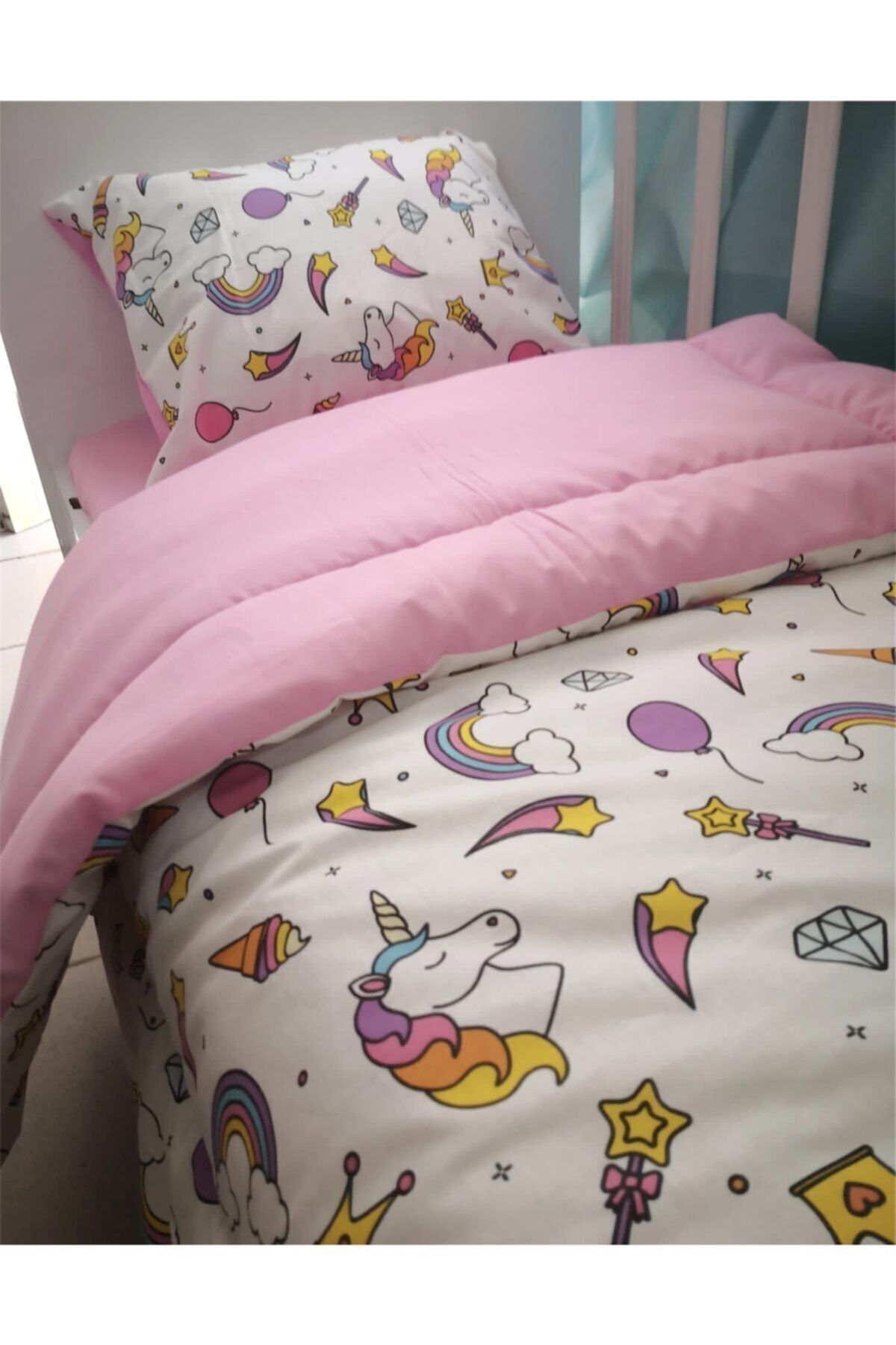 Bebek Özel %100 Pamuklu Çocuk 120x200 Montessori Yastık Çarşaf Yorgan Unicorn Pembe (YORGANLI) fotoğrafı 2 (önizleme)