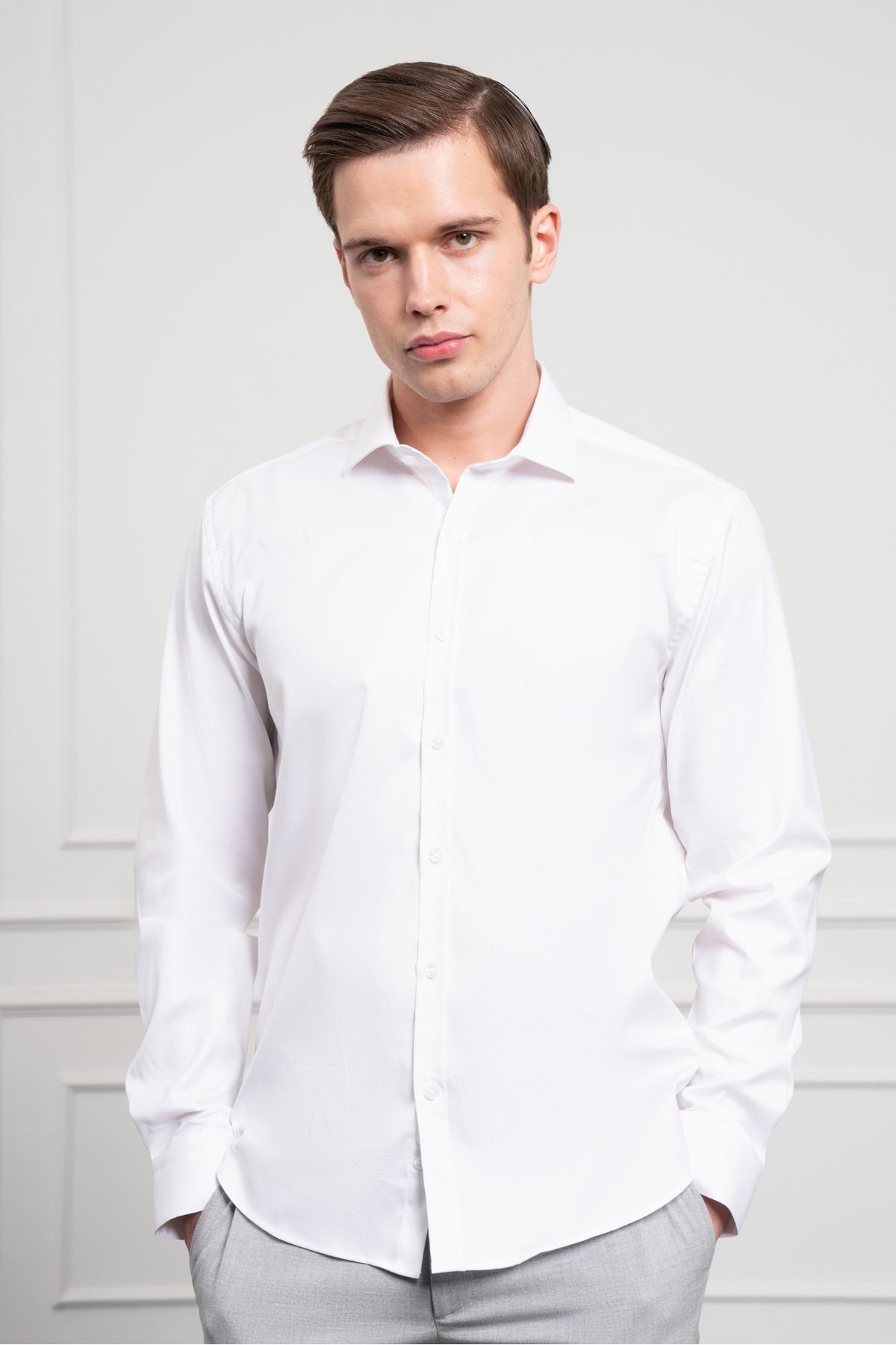 Morven-Мъжка бяла памучна риза с италианска яка, в стил Slim Fit 3