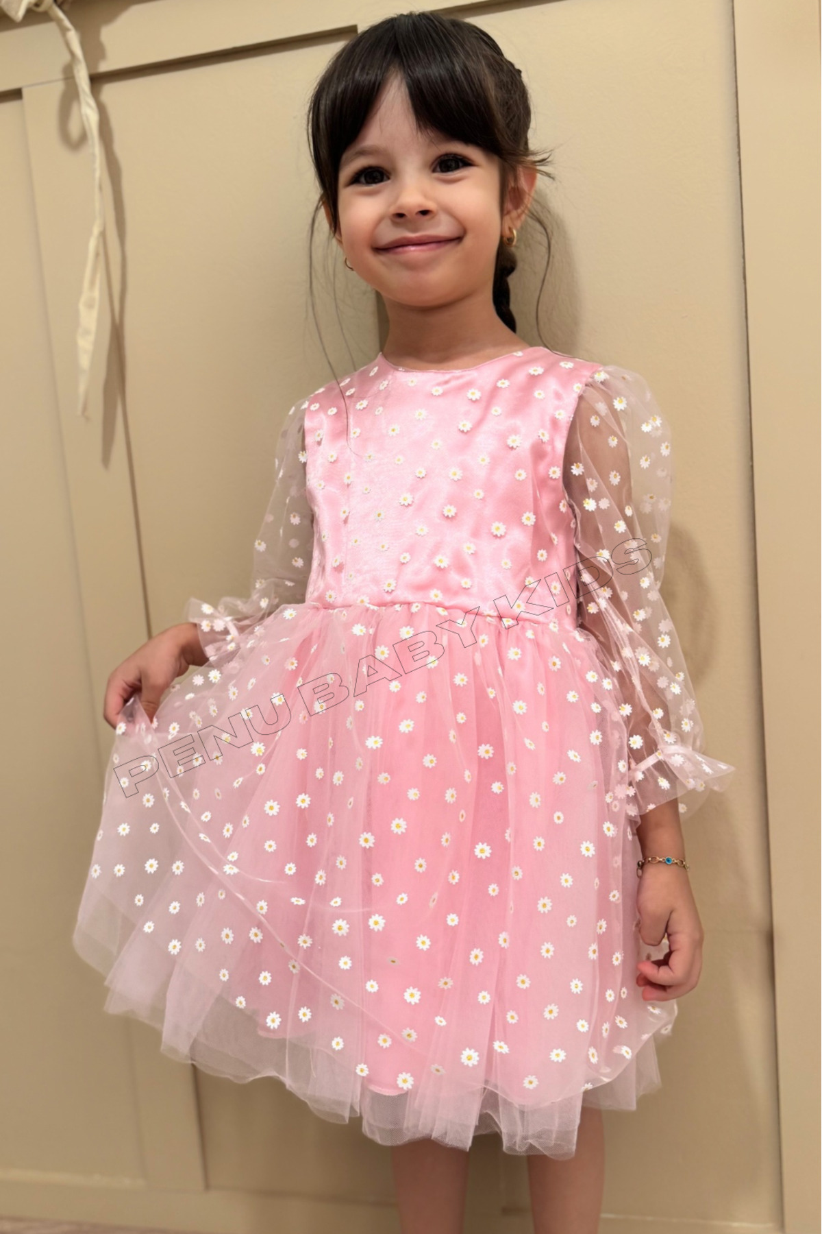 penu baby kids Pembe Çiçek Desenli Tül Etekli Ve Truvakar Tül Kol Kız Bebek & Kız Çocuk Elbise - Flower fotoğrafı 7 (önizleme)