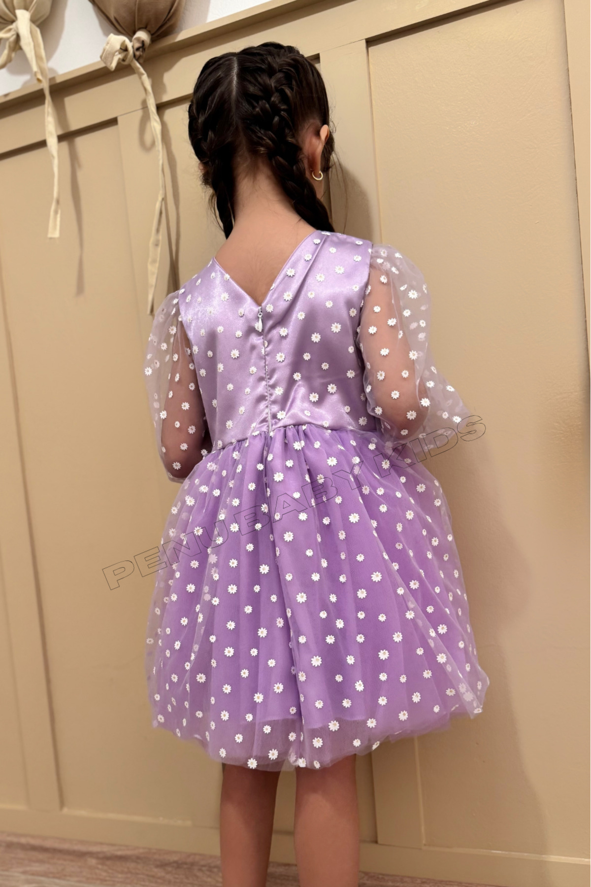 penu baby kids Lila Çiçek Desenli Tül Etekli Ve Truvakar Tül Kol Kız Bebek & Kız Çocuk Elbise - Flower fotoğrafı 5 (önizleme)