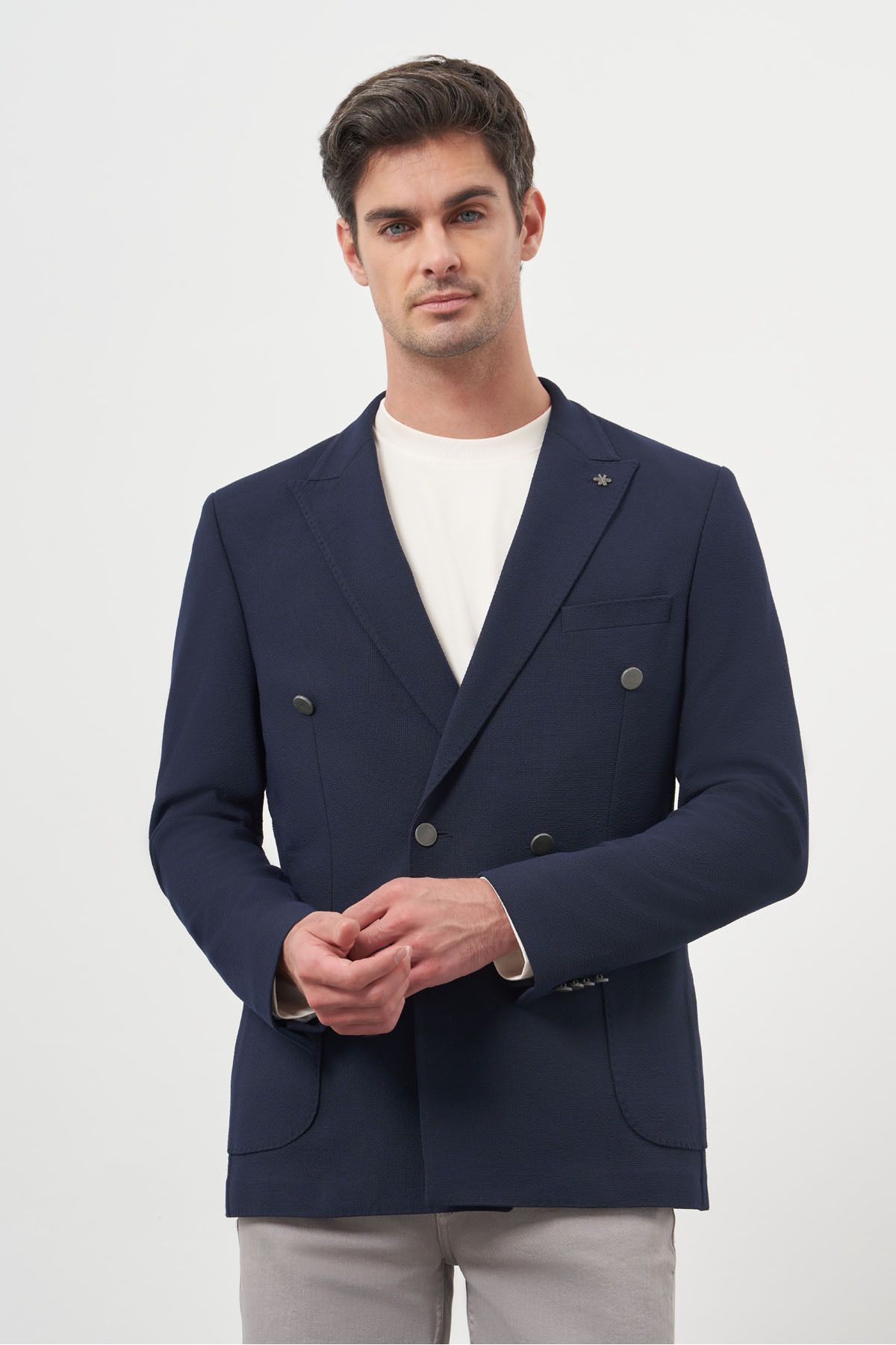Morven-Мъжко тъмносиньо плетено сезонно спортно яке Seersucker Slim Fit 3