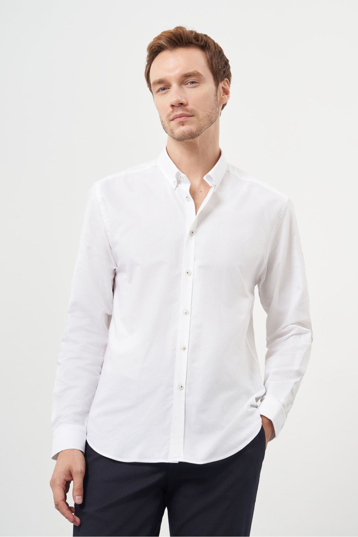 Morven-Men's White Cotton Trend Buttoned Collar Dynamic Fit Shirt 3