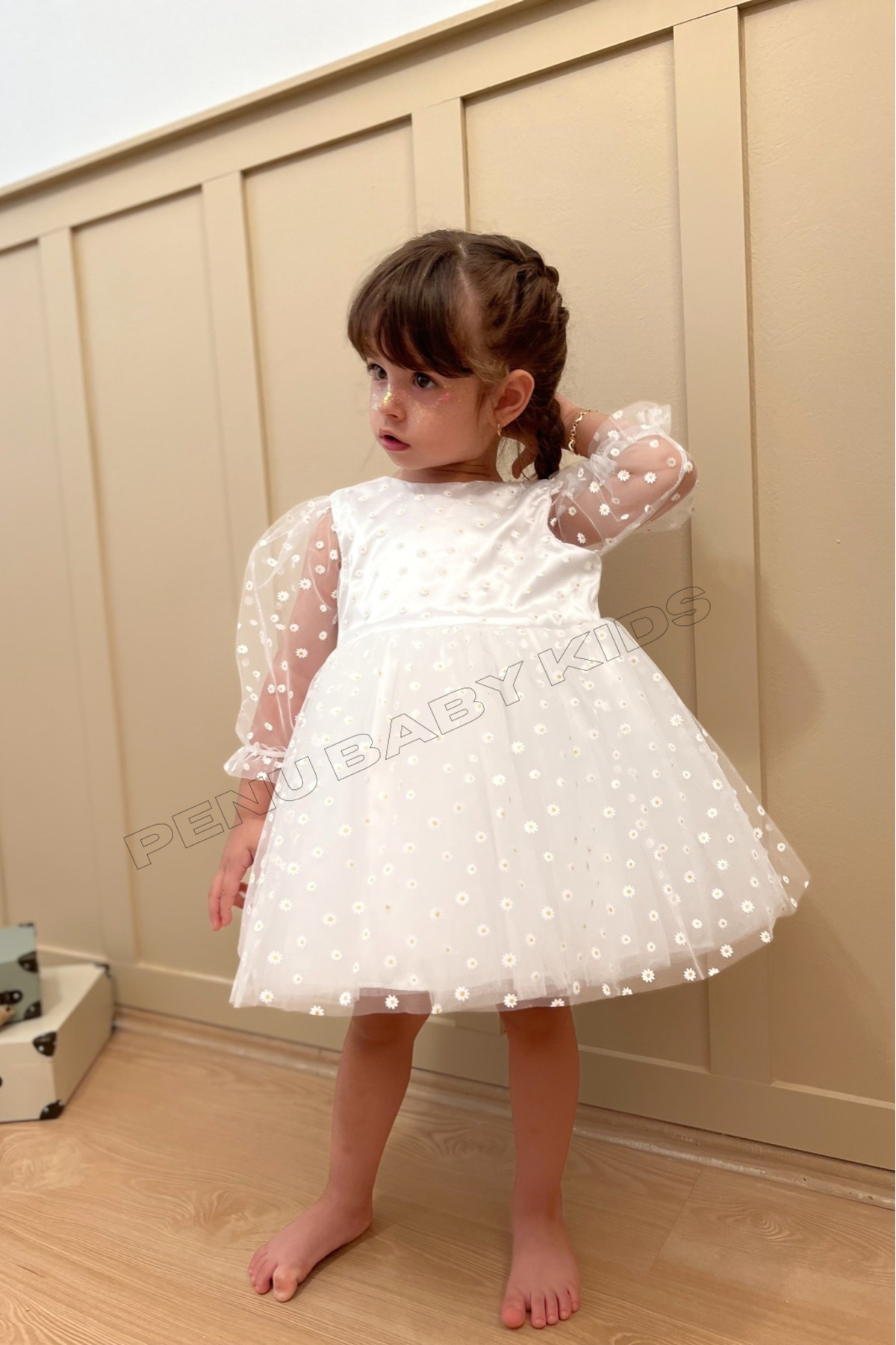 penu baby kids Beyaz Çiçek Desenli Tül Etekli Ve Truvakar Tül Kol Kız Bebek & Kız Çocuk Elbise - Flower fotoğrafı 7 (önizleme)