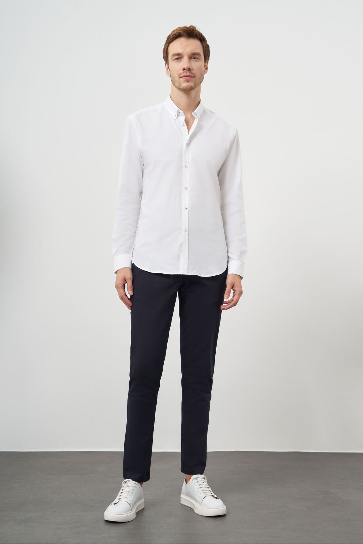 Morven-Men's White Cotton Trend Buttoned Collar Dynamic Fit Shirt 5