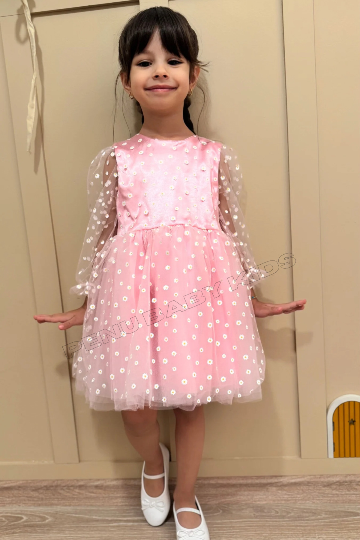 penu baby kids Pembe Çiçek Desenli Tül Etekli Ve Truvakar Tül Kol Kız Bebek & Kız Çocuk Elbise - Flower fotoğrafı 5 (önizleme)