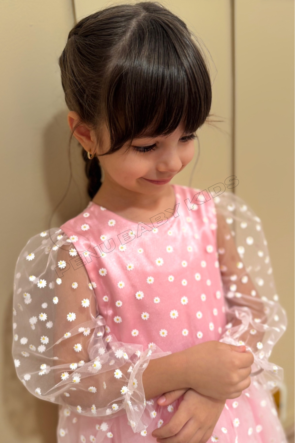 penu baby kids Pembe Çiçek Desenli Tül Etekli Ve Truvakar Tül Kol Kız Bebek & Kız Çocuk Elbise - Flower fotoğrafı 4 (önizleme)