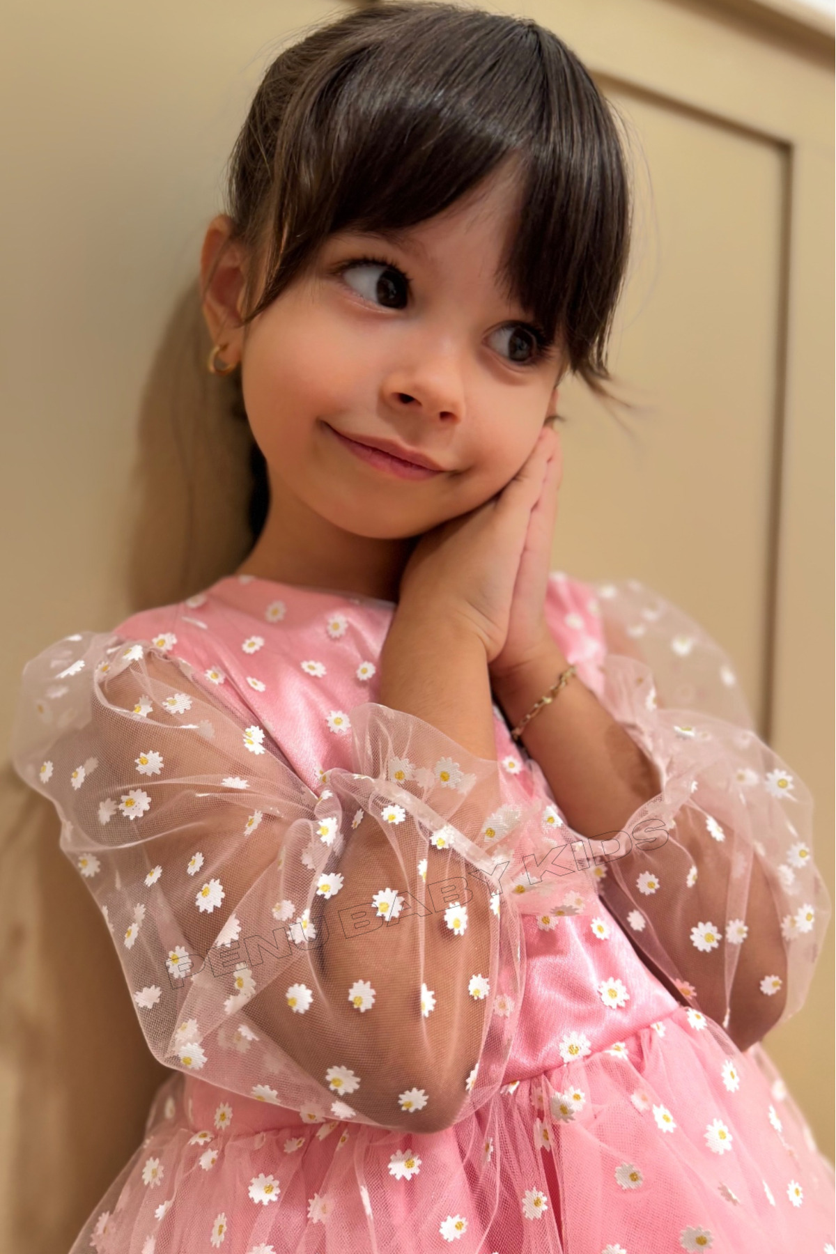 penu baby kids Pembe Çiçek Desenli Tül Etekli Ve Truvakar Tül Kol Kız Bebek & Kız Çocuk Elbise - Flower fotoğrafı 3 (önizleme)