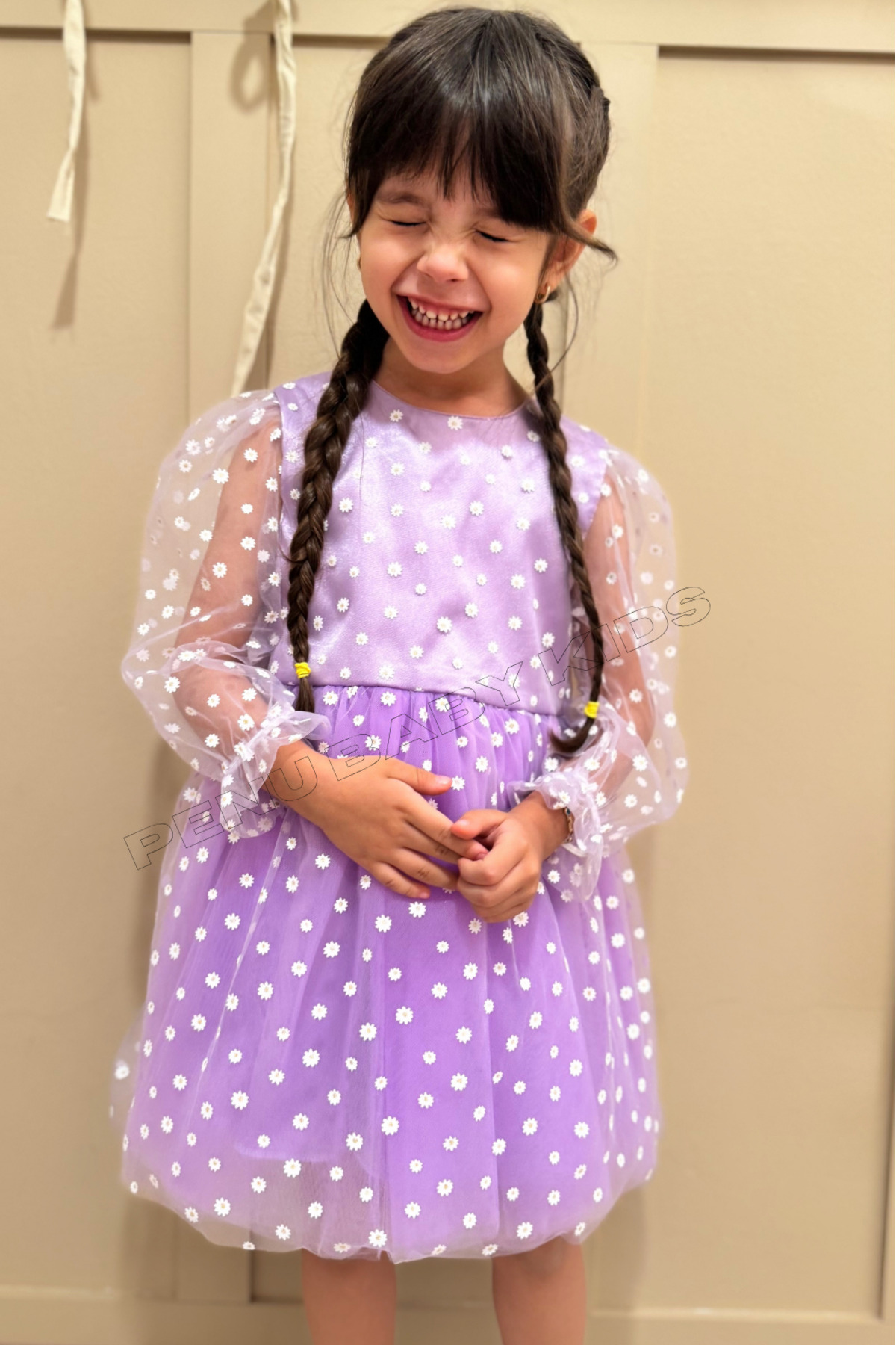 penu baby kids Lila Çiçek Desenli Tül Etekli Ve Truvakar Tül Kol Kız Bebek & Kız Çocuk Elbise - Flower fotoğrafı 7 (önizleme)