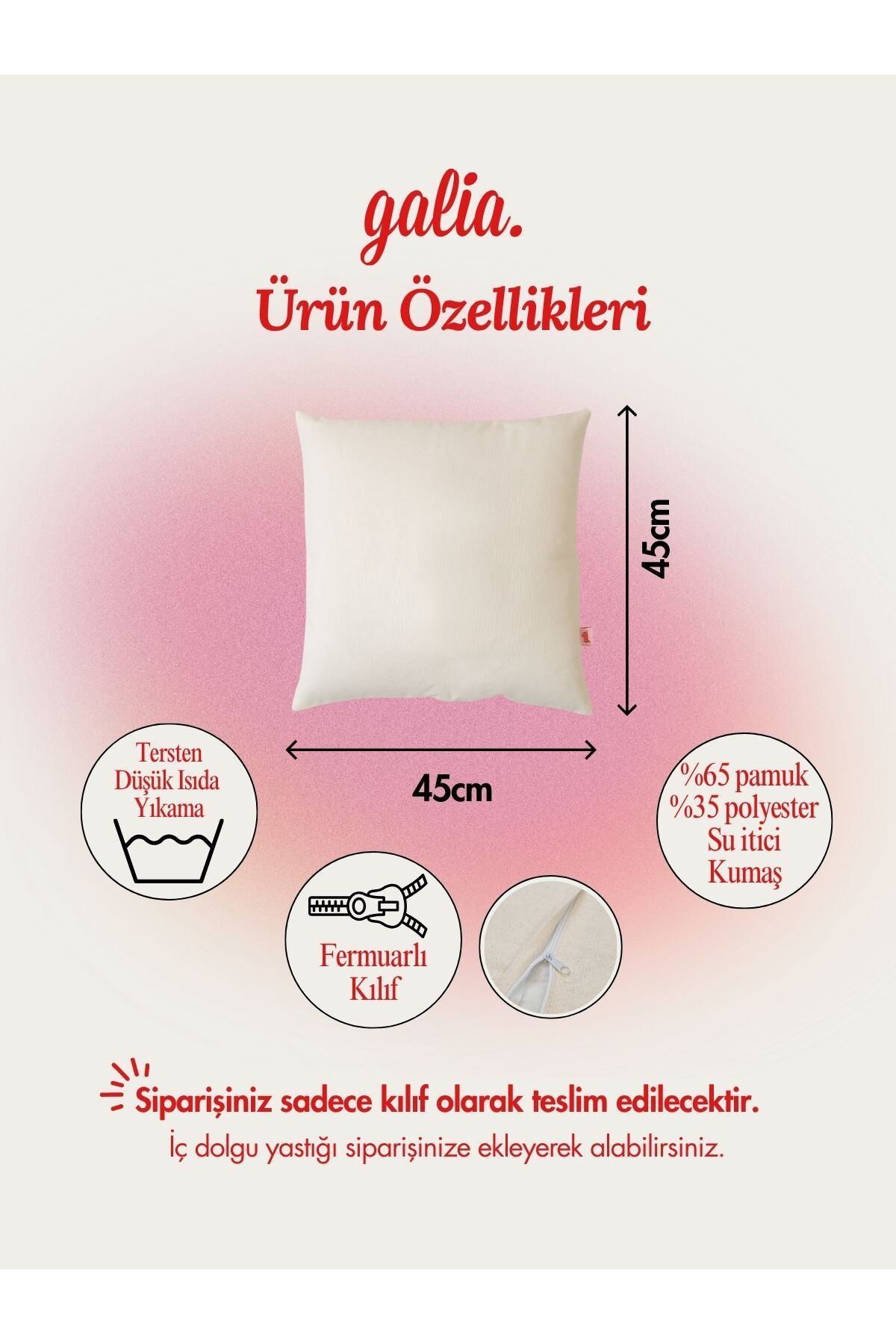 Galia Tasarım-Soft Touch Plain Ecru Pillow Case 45X45 cm Bottom Zipper 5