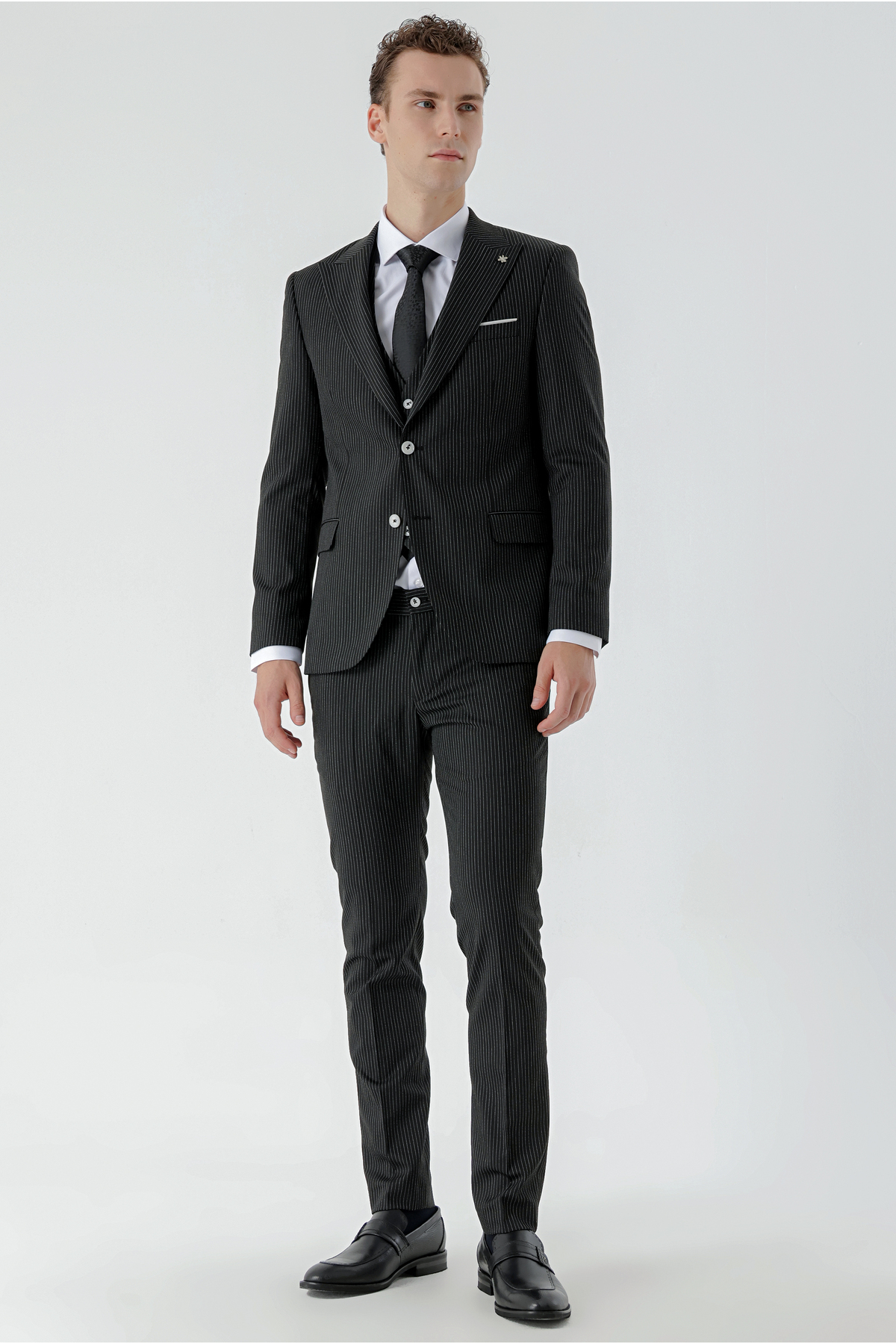 Men's Black Polyviscon Trend Vest Striped Pattern Slim Fit Pointed Collar Suit