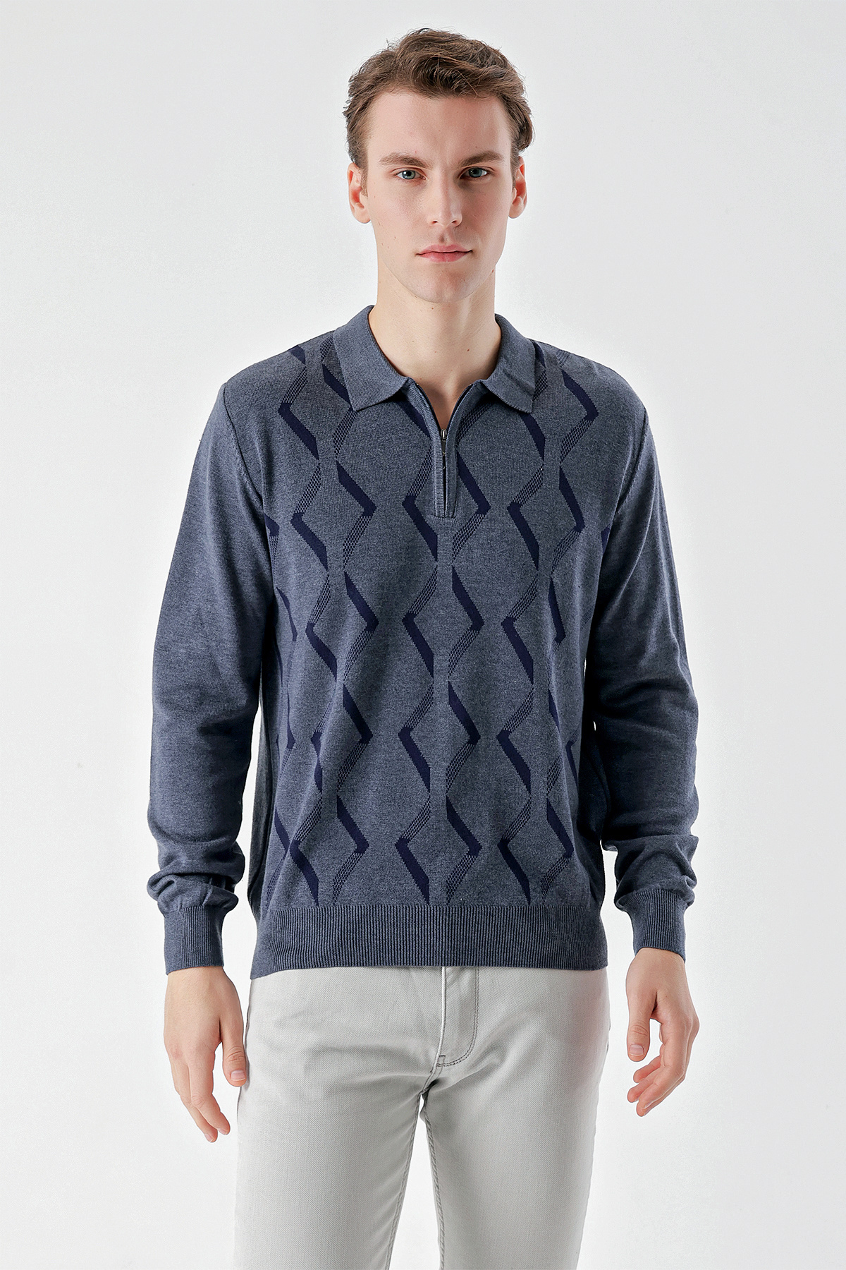 Morven-Tricotaj pentru bărbați Indigo Trend Kilim Guler polo cu fermoar Croială dinamică Croială confortabilă 1