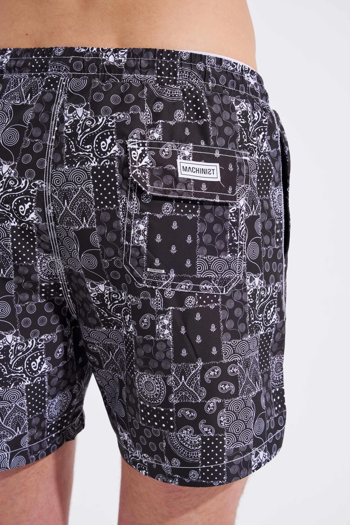 Machinist-Men's Black Swim Shorts - Patchwork Lines Printed 7