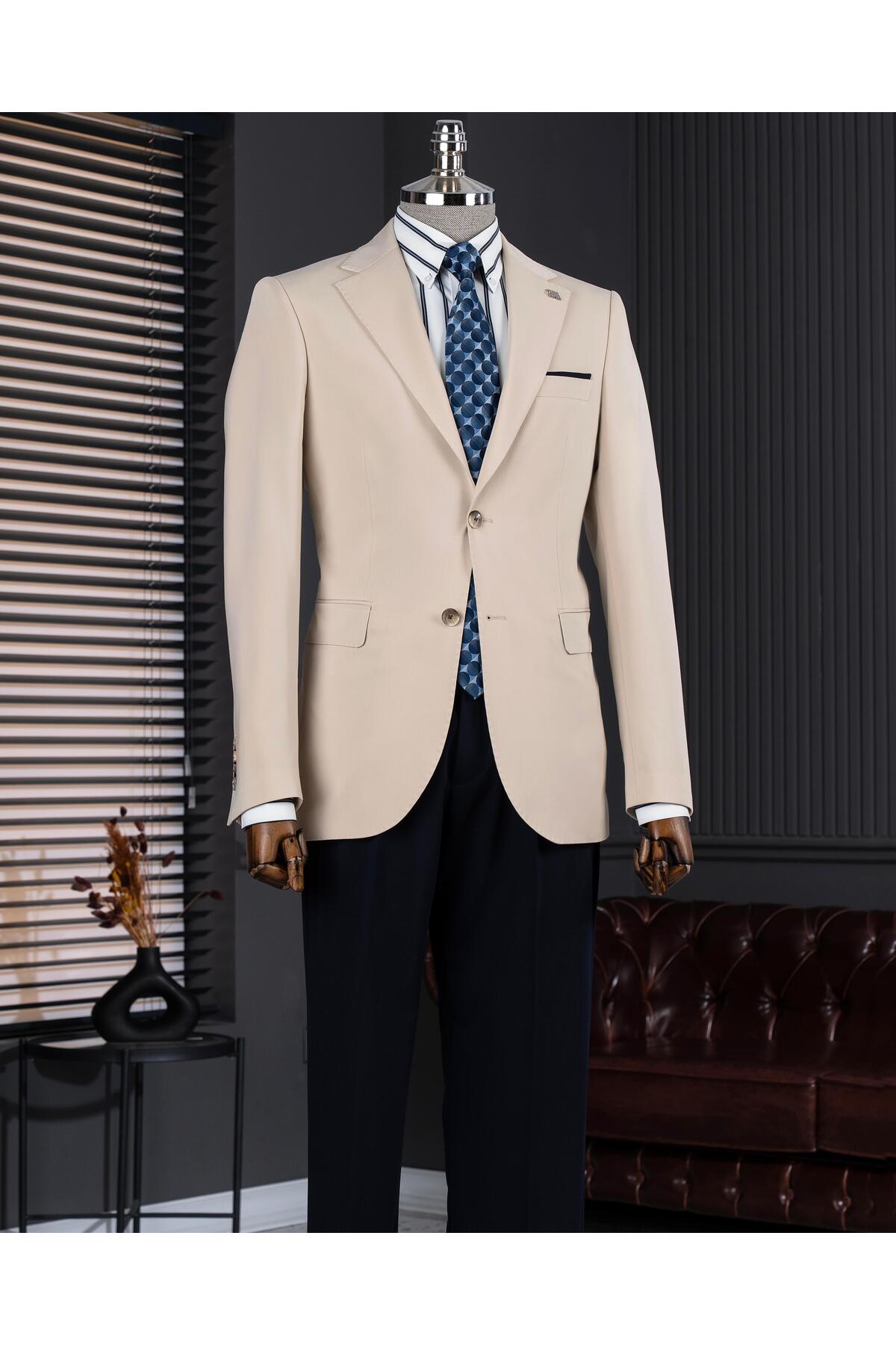 TerziAdemAltun İtalyan stil slim fit kombin takım elbise bej T13927 görsel 7