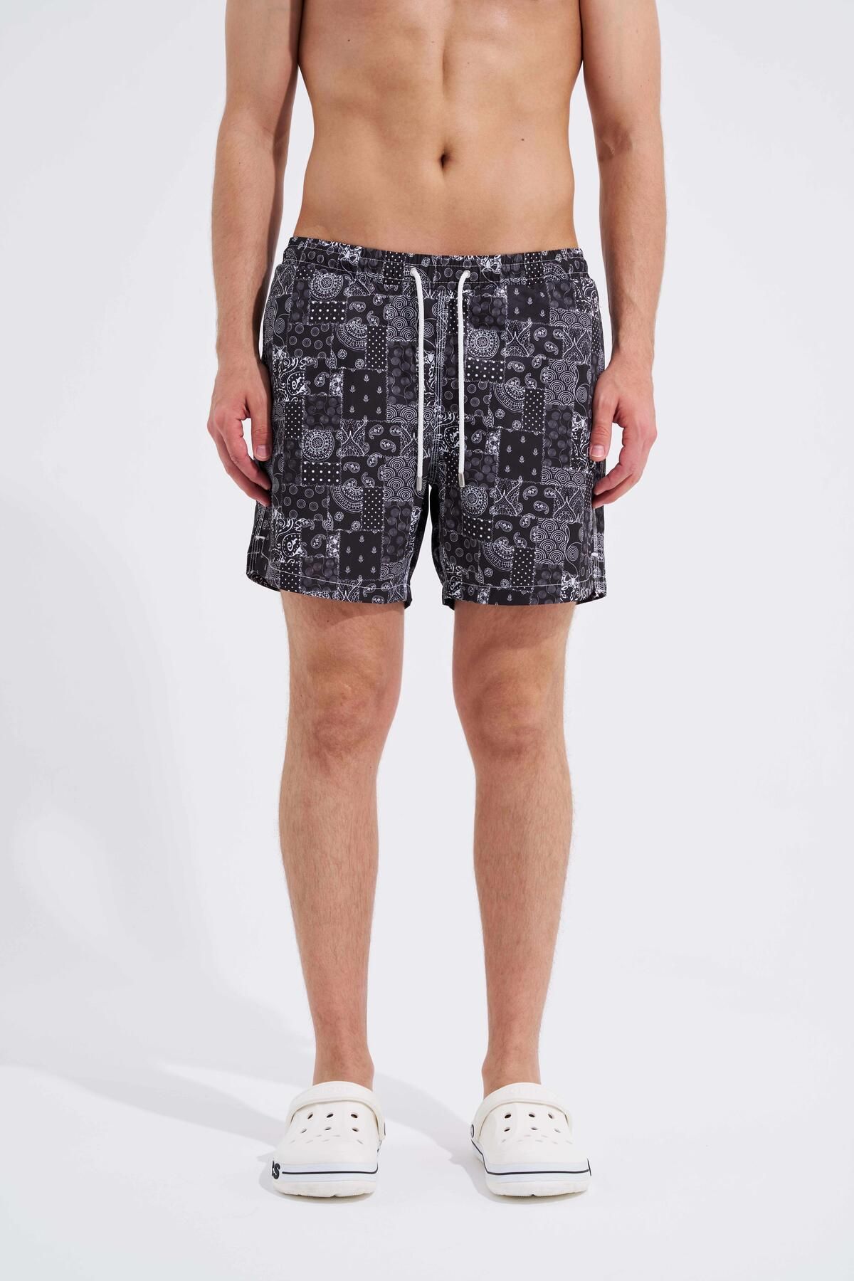 Machinist-Men's Black Swim Shorts - Patchwork Lines Printed 3