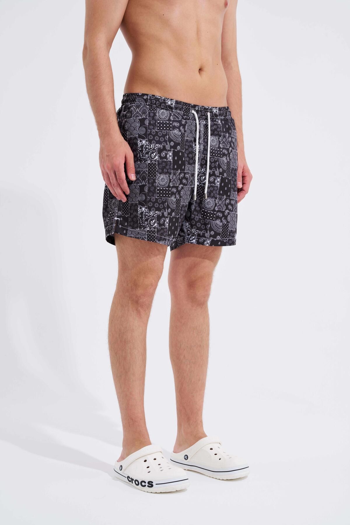 Machinist-Men's Black Swim Shorts - Patchwork Lines Printed 4