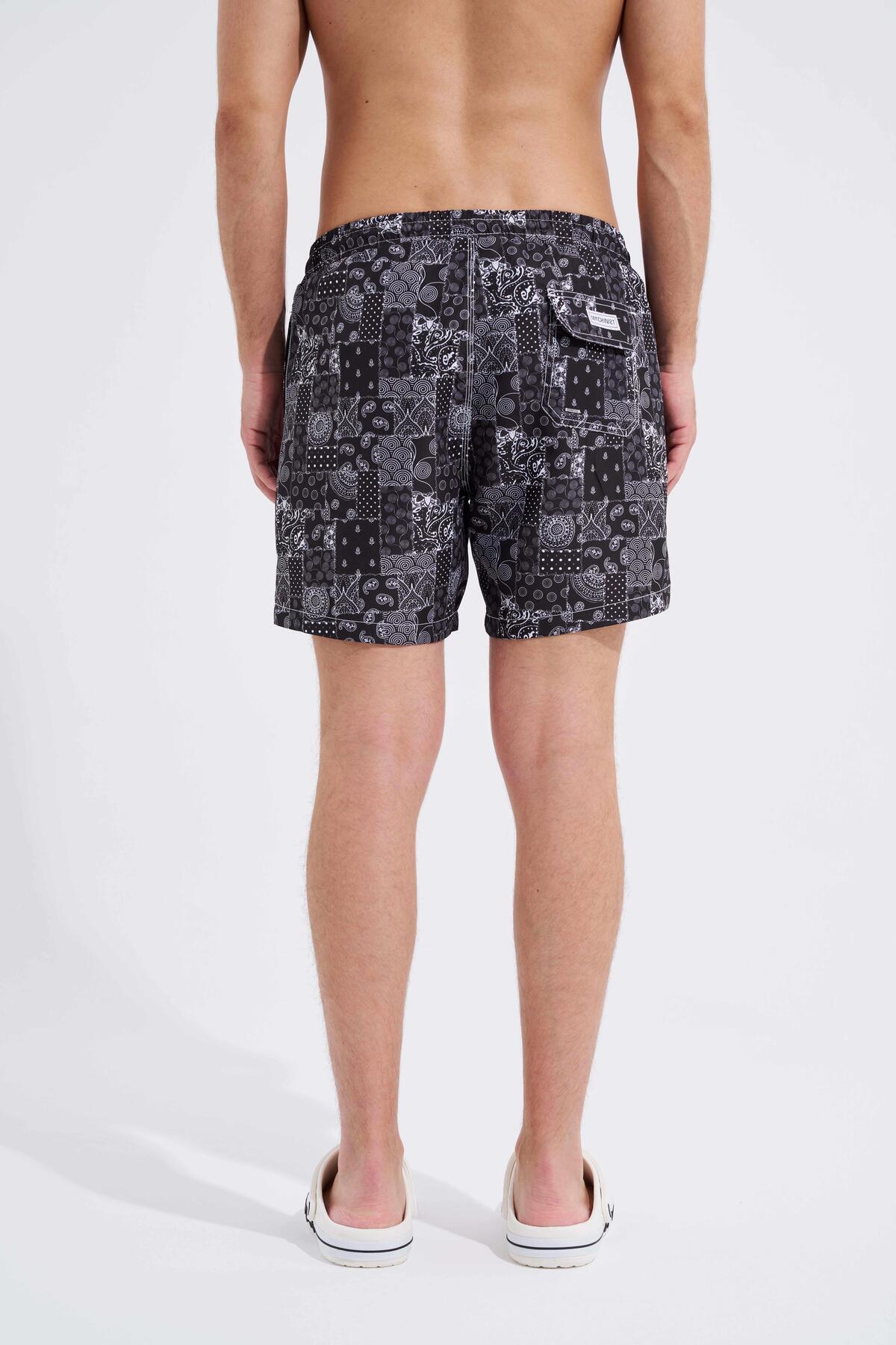 Machinist-Men's Black Swim Shorts - Patchwork Lines Printed 5