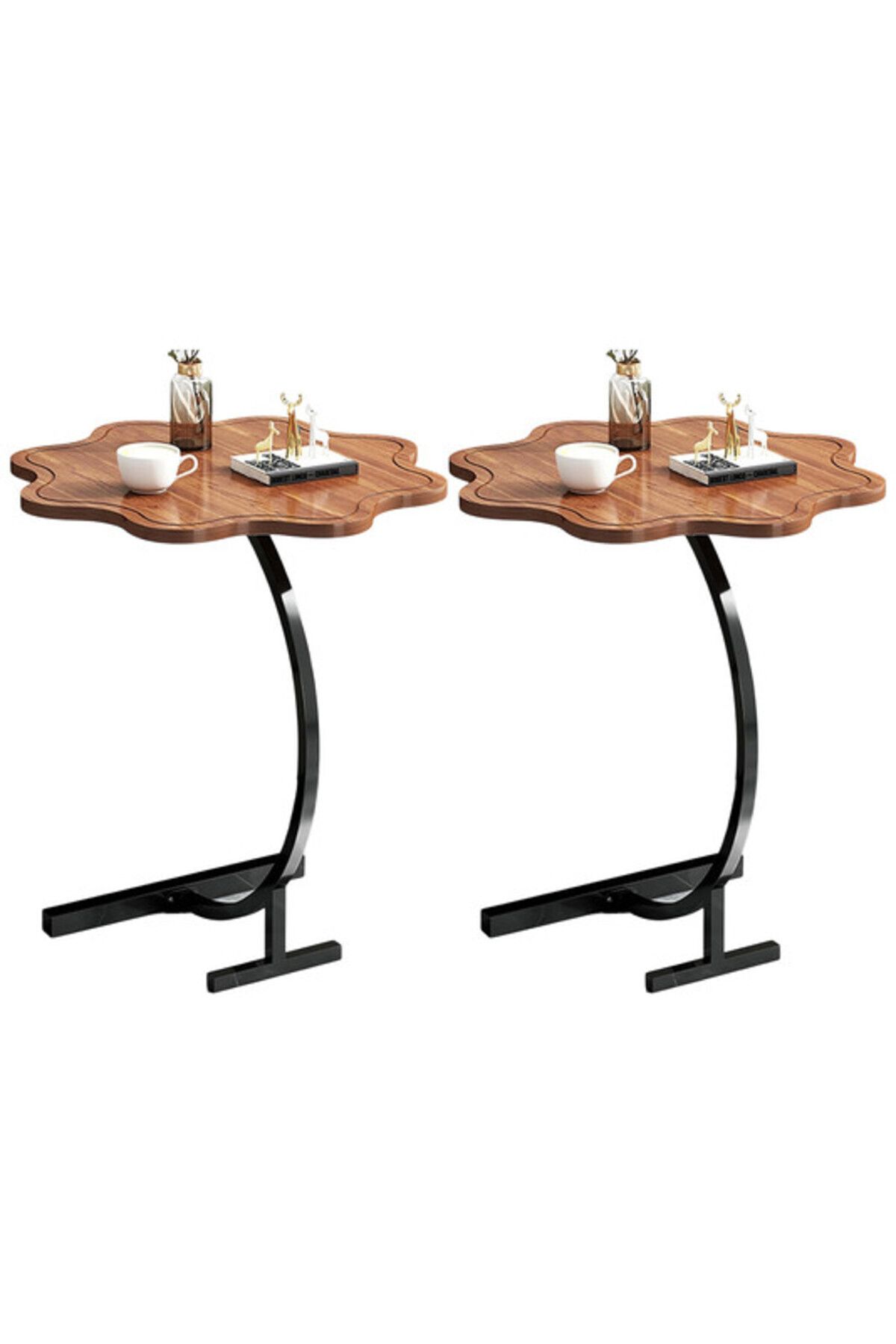 Generic-2-Pieces Modern Coffee Table C-Shaped Side Table with Wood Top in Flower Shape and Metal Frame Brown 1