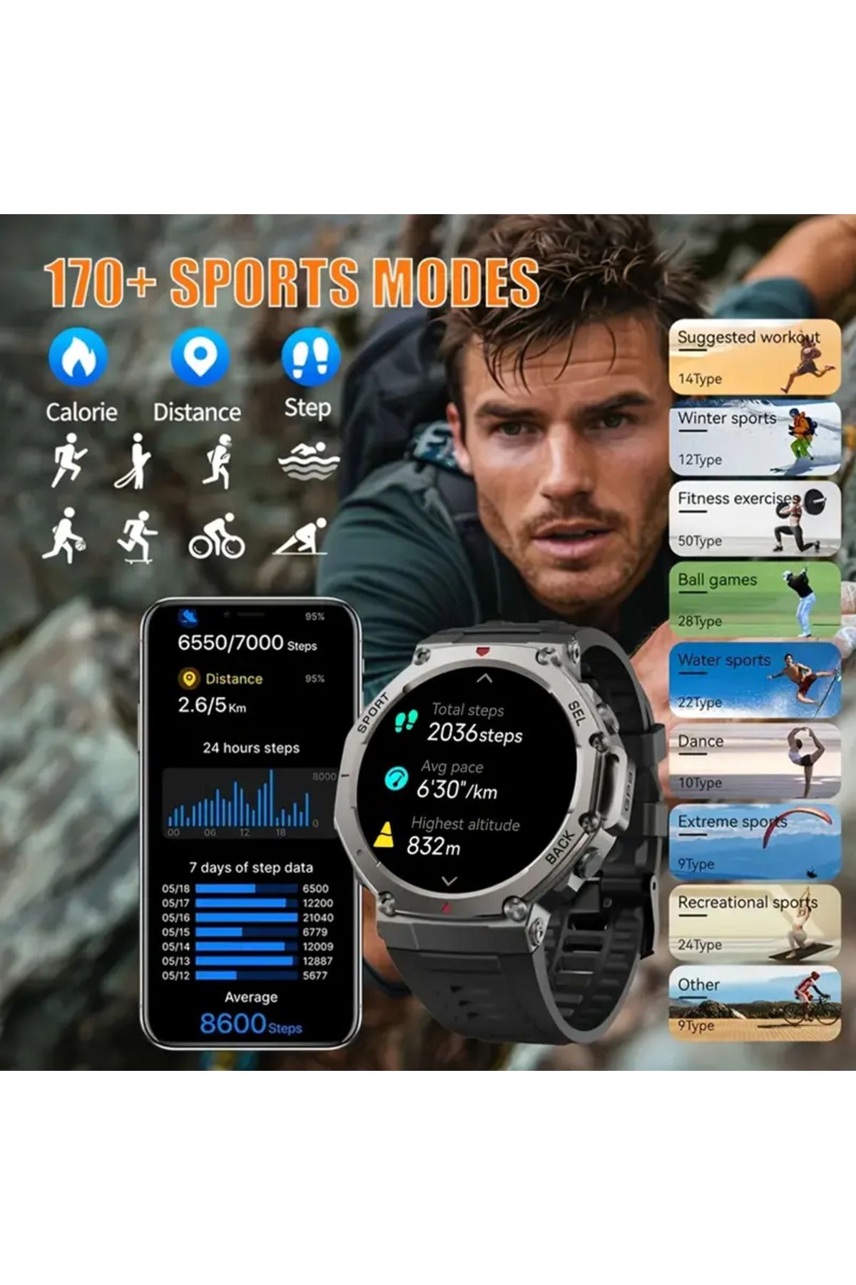 OEM-Ceas inteligent BSG TECH, ecran AMOLED 1.43'', GPS, ritm cardiac, SpO2, compatibil cu Android/iOS 3