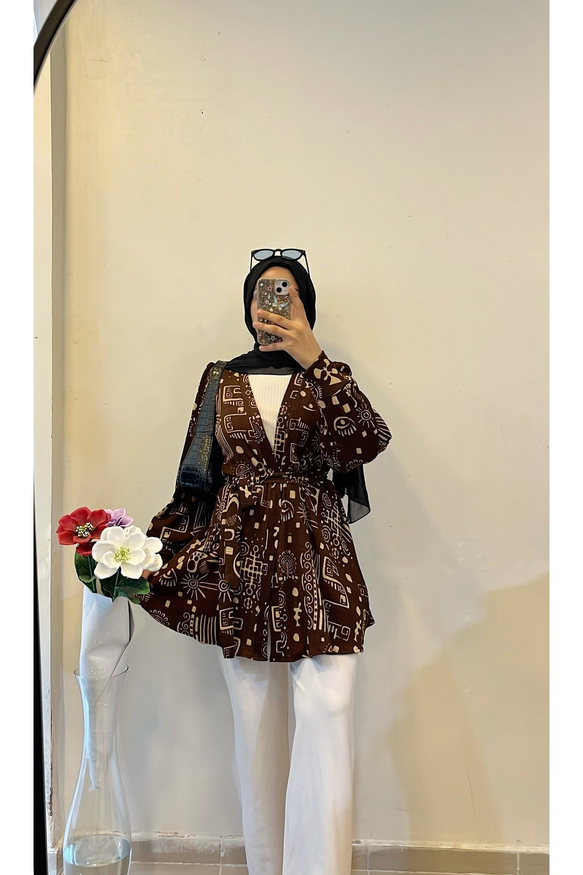 DİLEKBUTİK-Wrapped Kimono with Brown Pattern 1