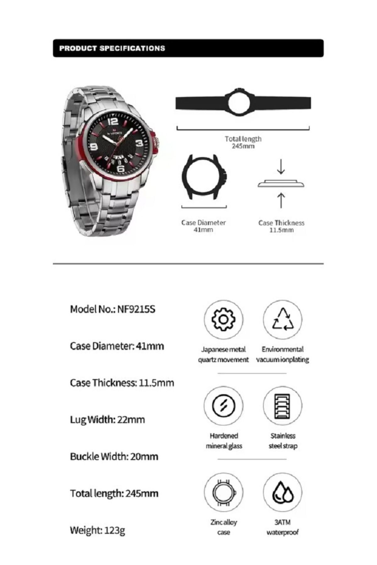 Naviforce-Mens Black Dial Stainless Steel Strap Watch Analog Quartz Waterproof with Day and Date Display 5