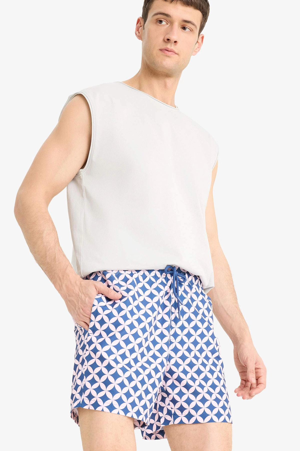 DeFacto-E1029 Pink Patterned Mesh Lined Short Length Swim Shorts 4