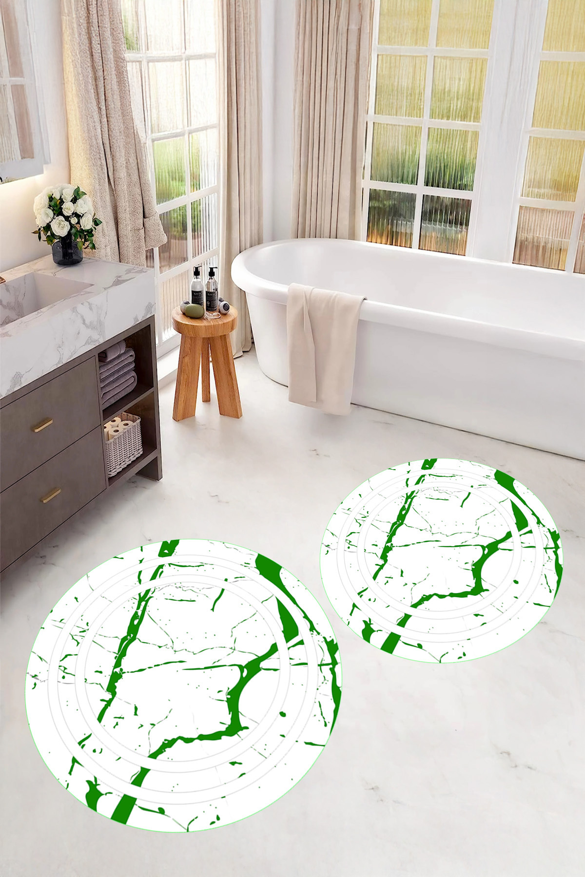 Viyana Home-Non-Slip Base Washable Marble Pattern Round Bathroom Mat Set of 2 Toilet Mats 4