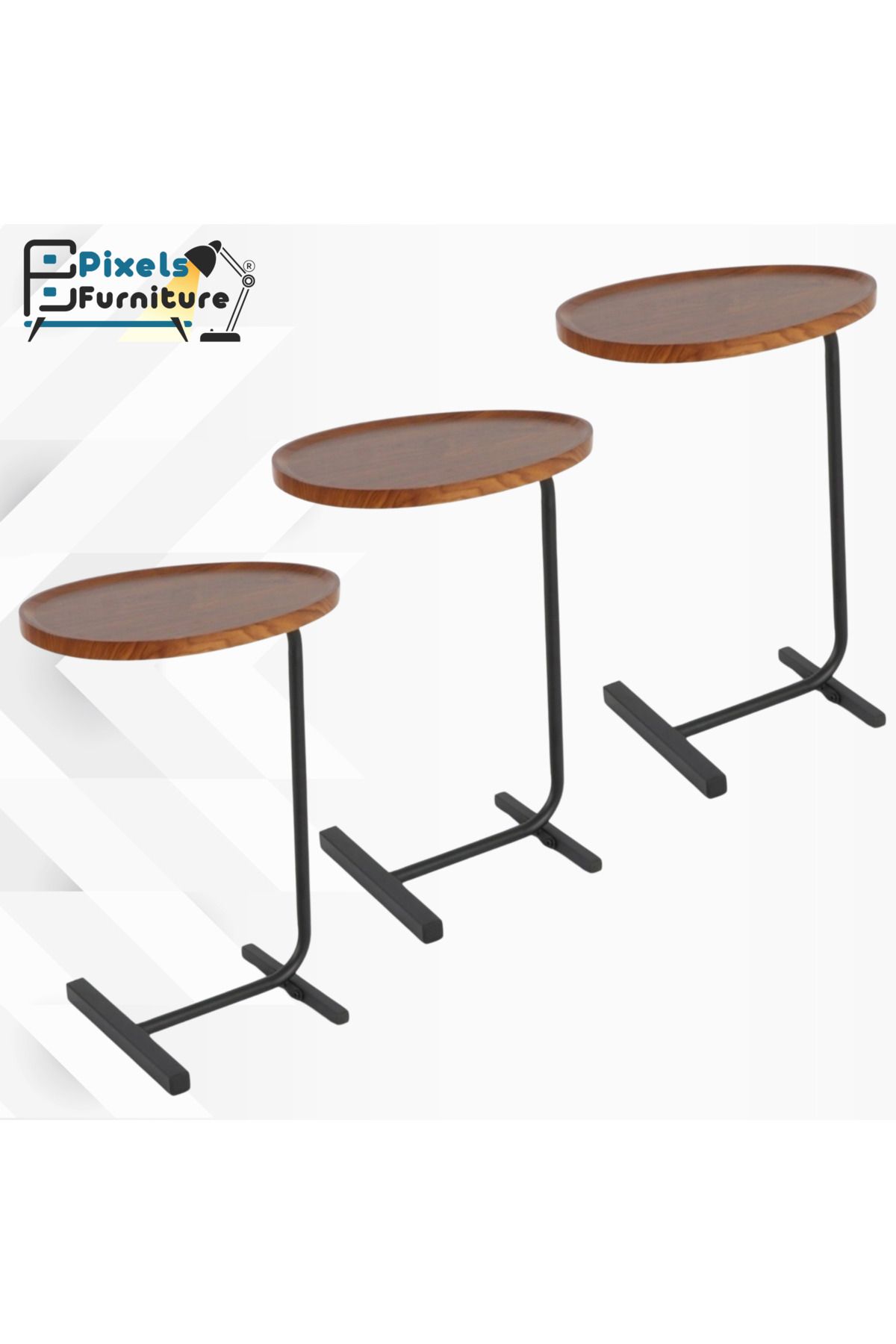 PixelsFurniture-مجموعة 3 قطع طاولة جانبية من بكسل الأثاث على شكل C للأريكة والسرير، طاولة بقواعد معدنية صلبة 1