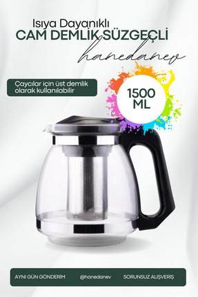 Hanedanev Isıya Dayanıklı Süzgeçli Cam Demlik 1500 Ml Çaycı Çay Makinesi Deml...