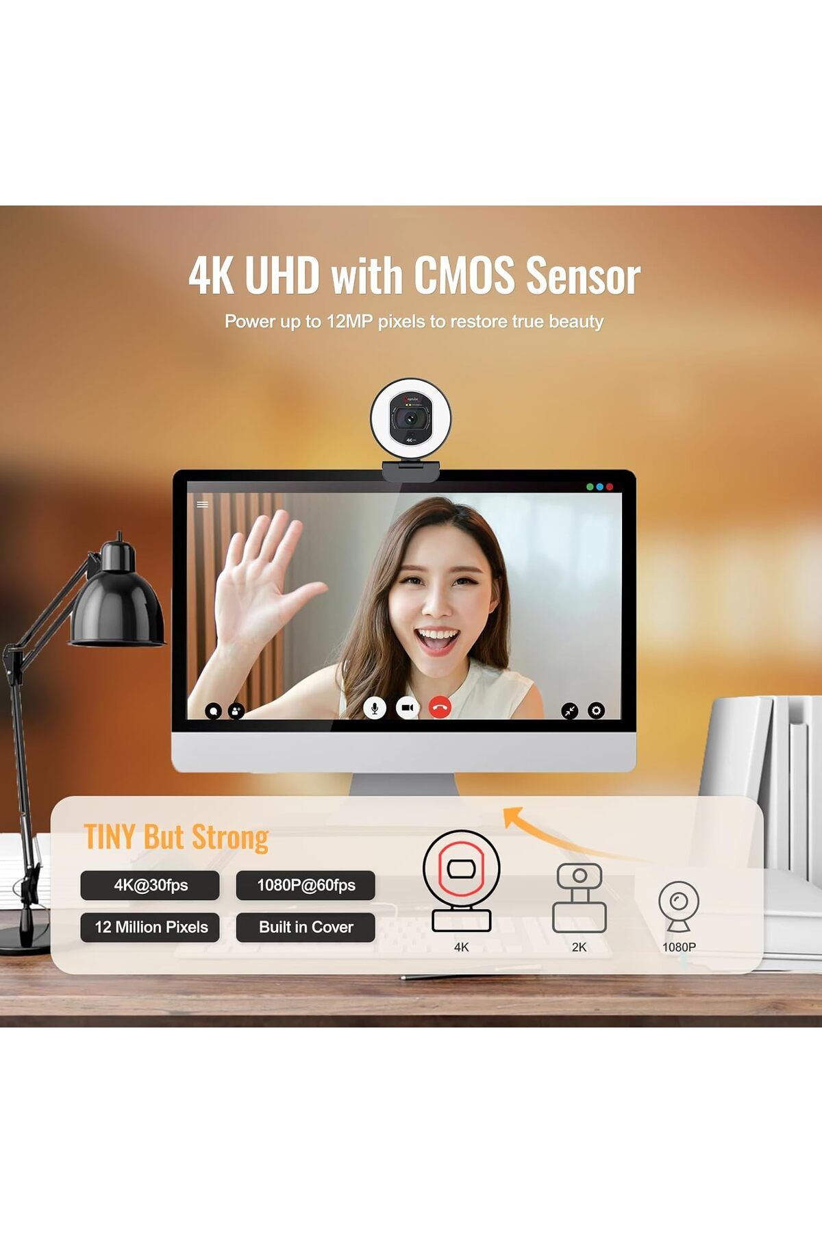 Angetube-Webcam 4K with Light - Streaming Camera for PC with Dual AI Noise Cancelling Microphone, Au 3