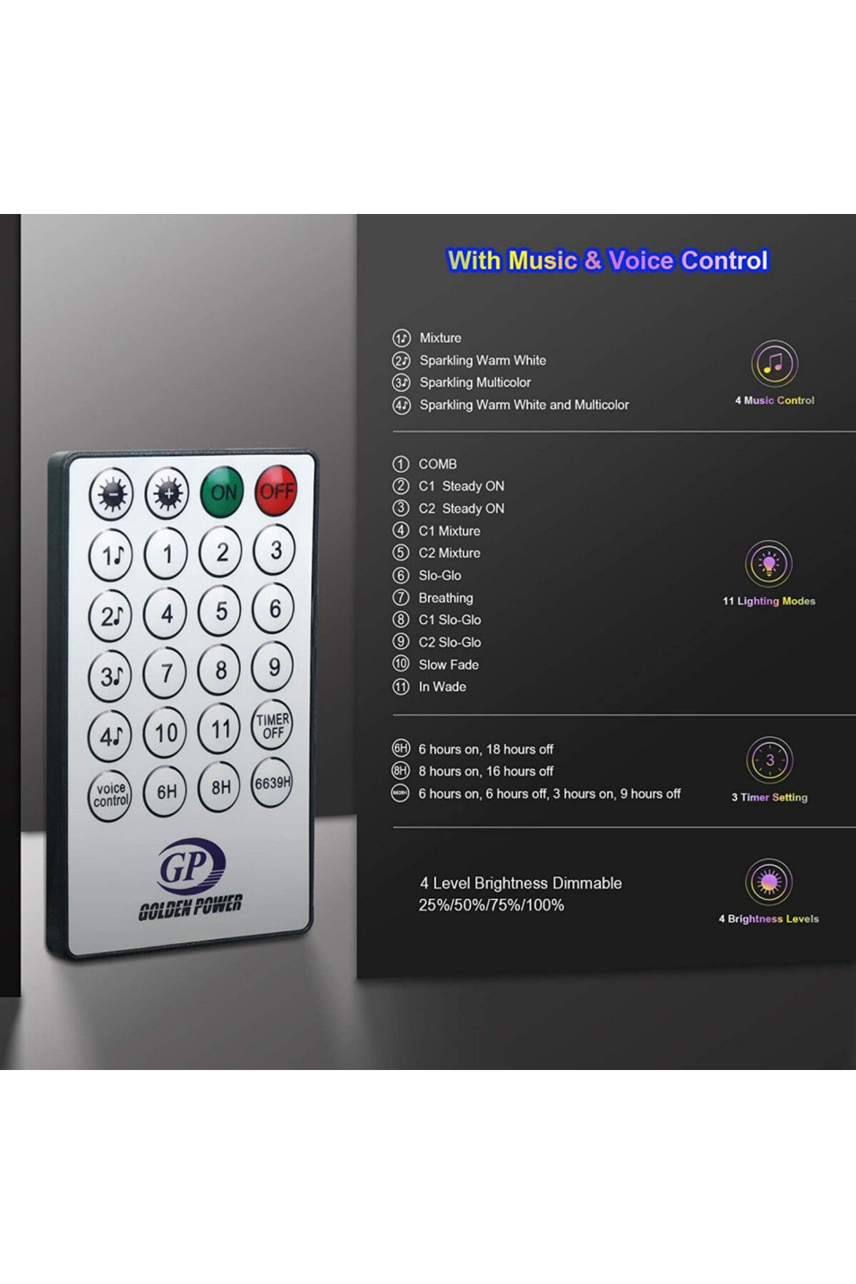 GPODER-music-activated 100 LED string lights, 8 lighting modes, remote control, batteries, 11 m 4