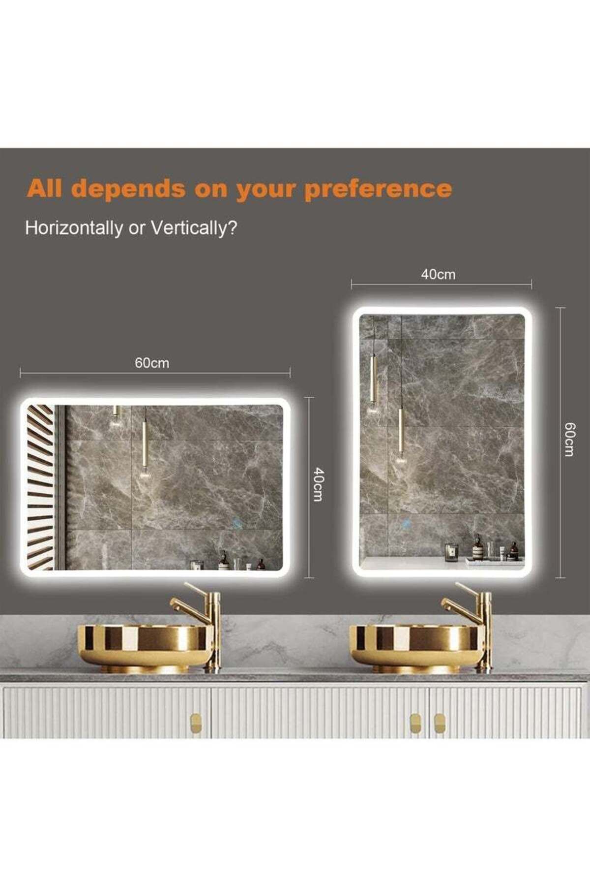 Taimi-60x40cm LED Rectangular Mirror with Touch Control, Side Light, for Bathroom and Makeup 3
