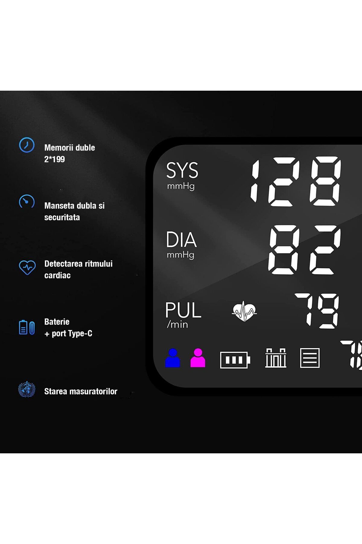 WowStep-Arm Blood Pressure Monitor, Pulse, Precision Sensor, LCD, Cuff 22-42 cm, 2 Users, Memory Function 4