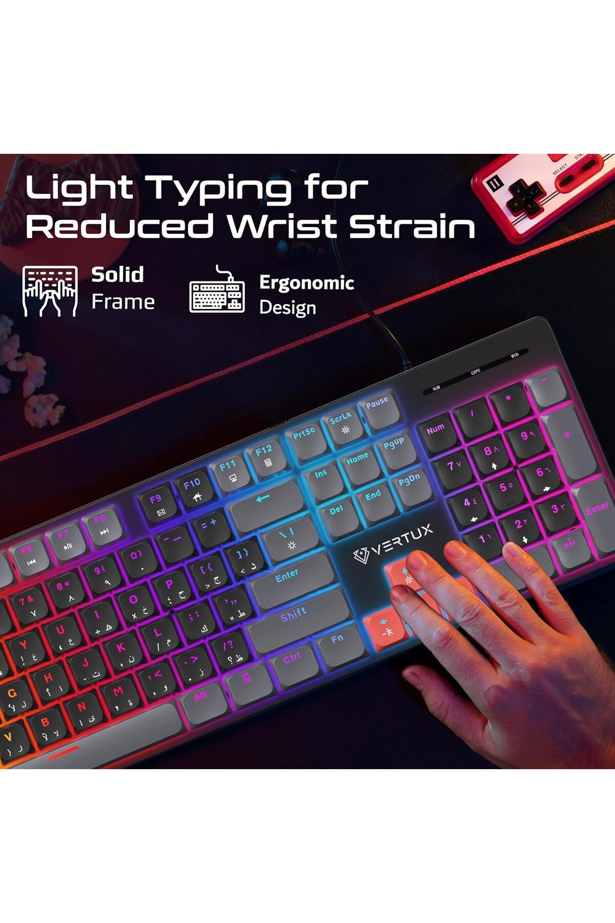 VERTUX-Full-Size Mechanical Keyboard for Gamers With 17 LED Rainbow Modes, Low-Profile Dust-Proof Ke 7