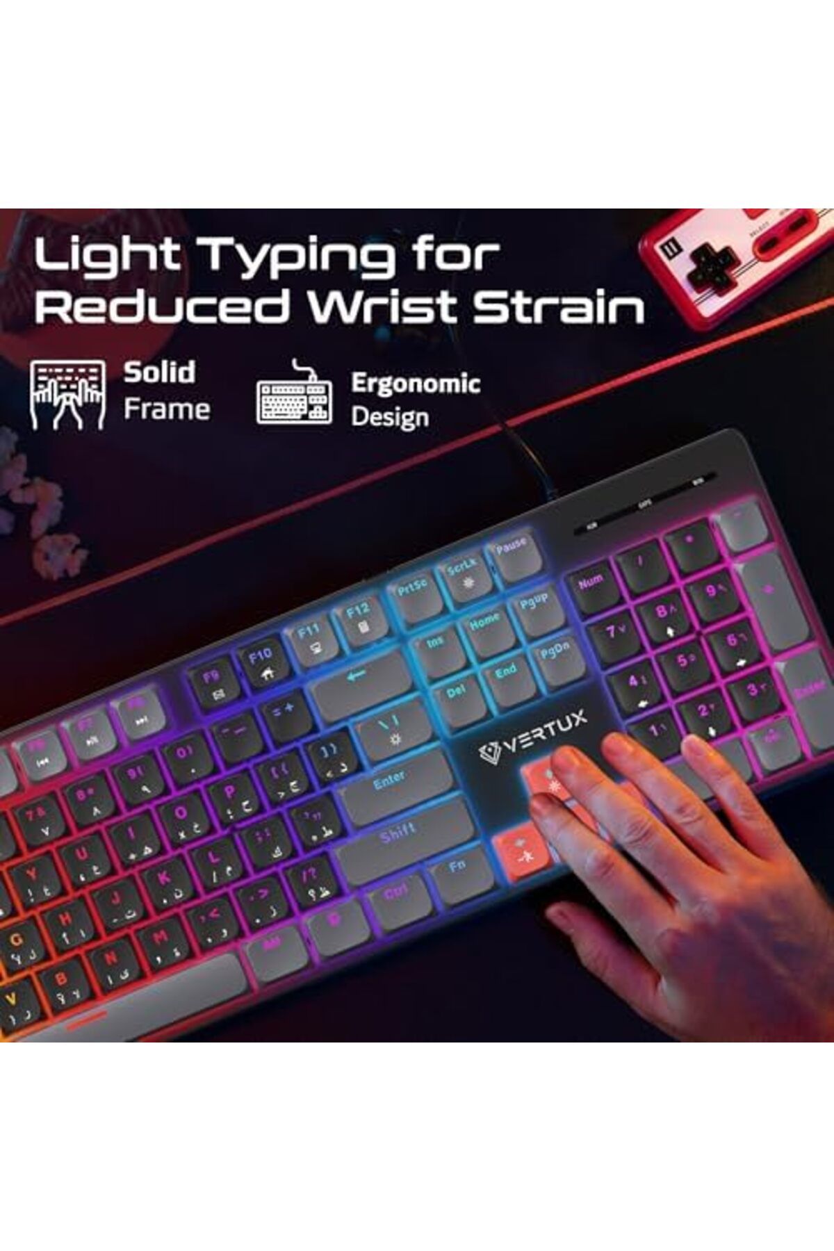 VERTUX-Full-Size Mechanical Keyboard for Gamers With 17 LED Rainbow Modes, Low-Profile Dust-Proof Ke 8