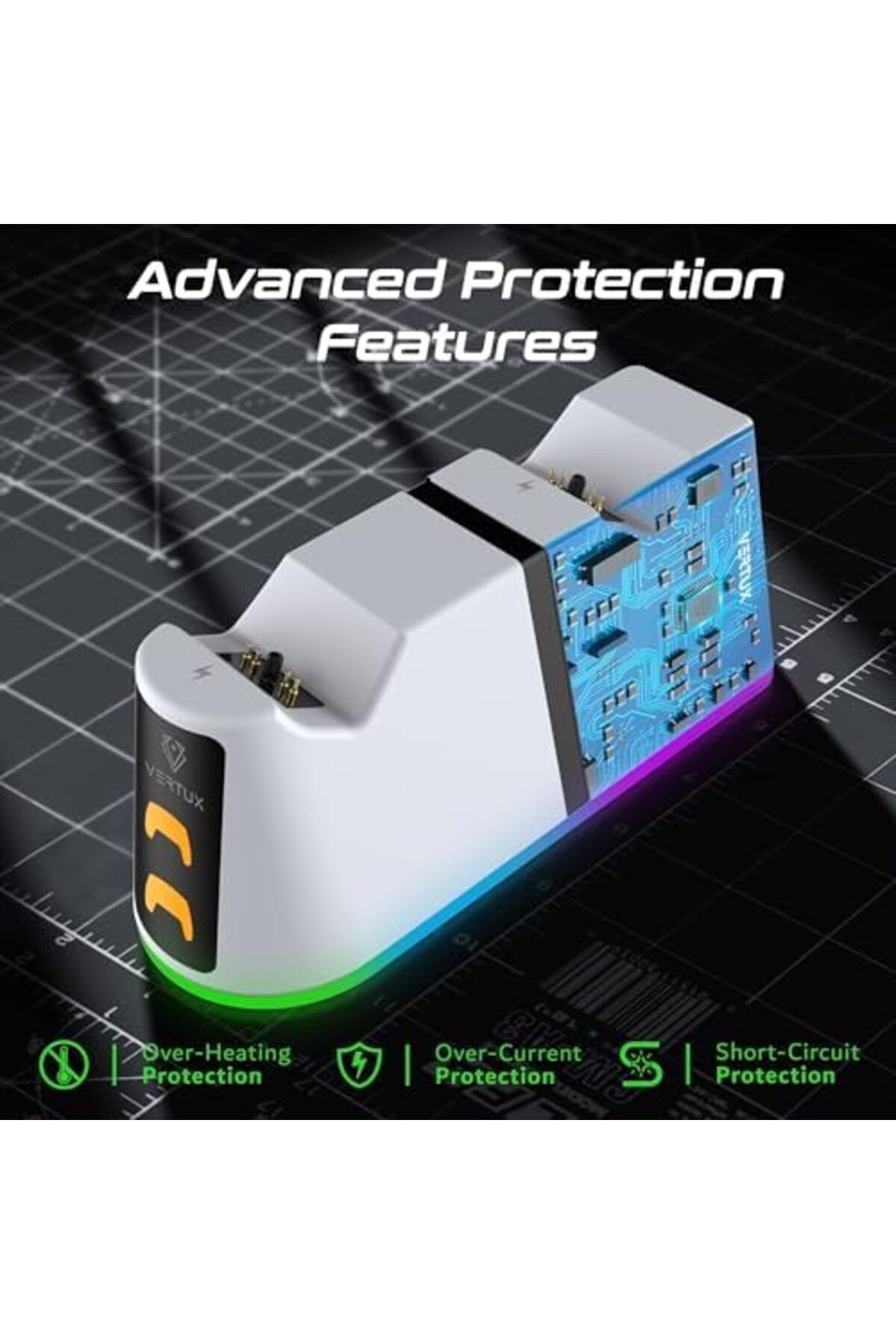 VERTUX-PS5 Controller Charging Station with Dual Click-In Slots, RGB Lights and LED Battery Indicato 8