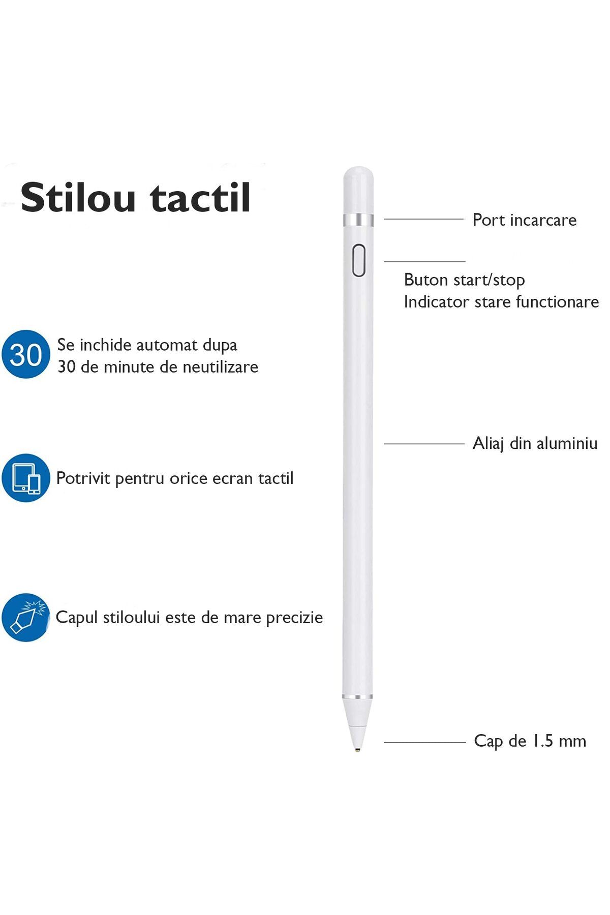 WowStep-Stylus iPad Pen Universal,, Pix Touch Tableta iPad Apple 2010-2022, Android, Windows, Fara Lag, Alb 6