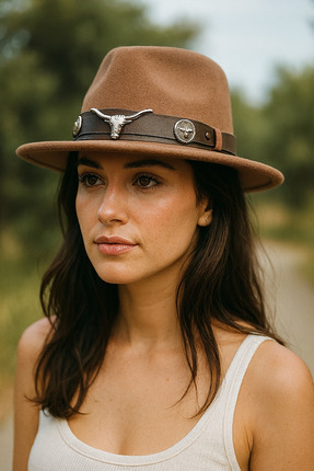 LAGRANZE Kadın Kovboy Kaşe Fötr Şapka Longhorn Figürlü Metal Aksesuar