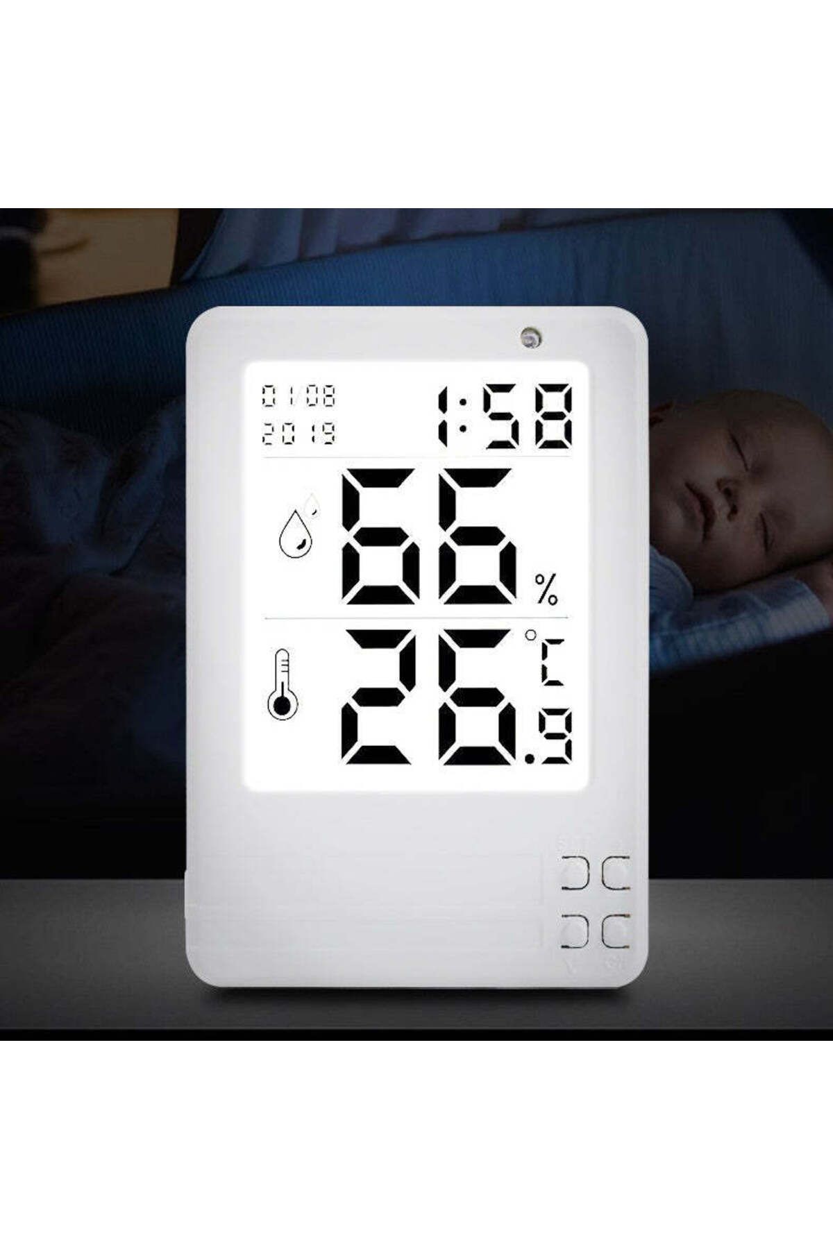 SOLLUXE-Hygrometer and digital room thermometer with clock and date display, 3.2" illuminated LCD display, 3 3