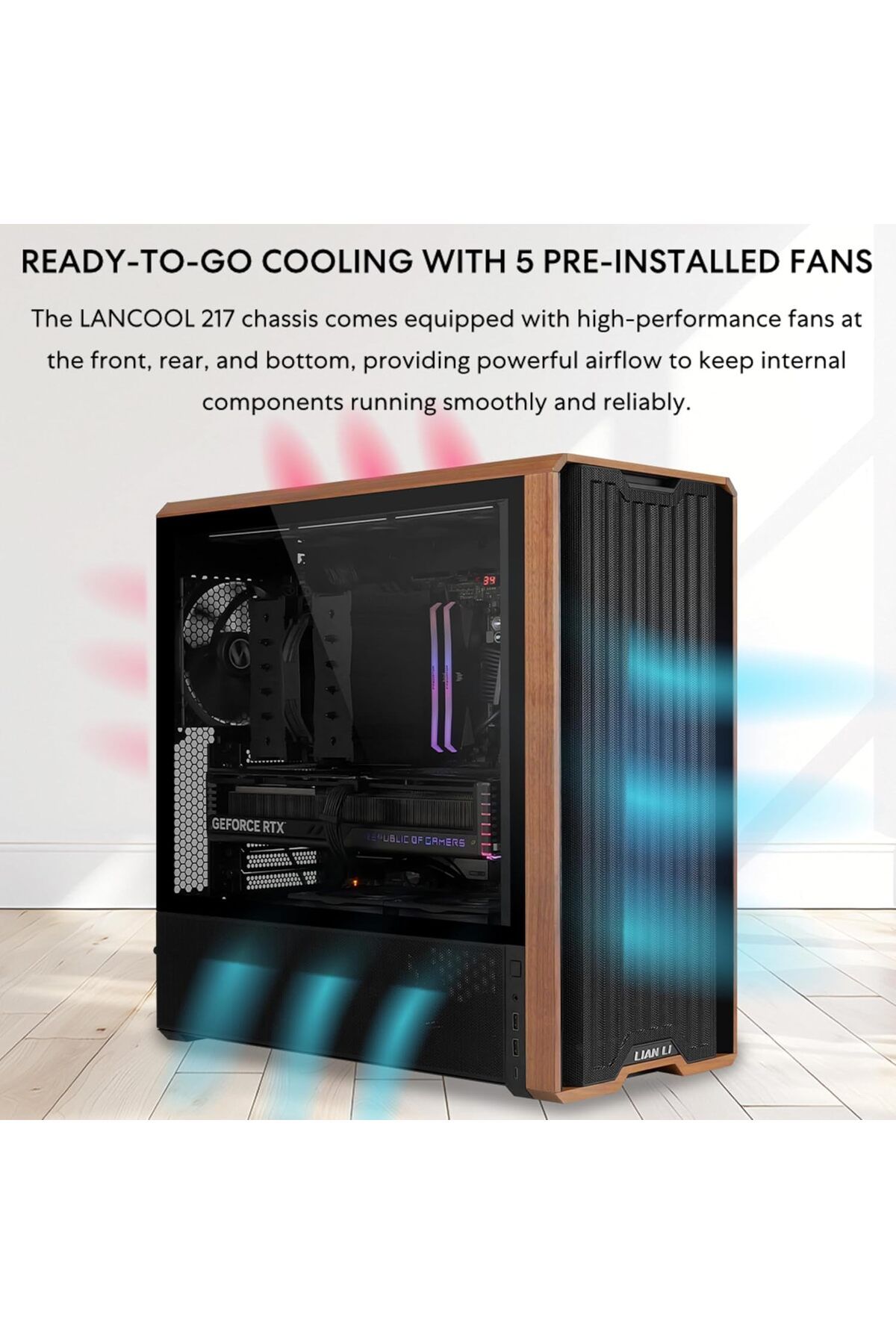 Lian Li-LANCOOL 217 Genuine Walnut Wood Computer Case, Mid-Tower ATX PC Case with 5 Pre-Installed PW 5
