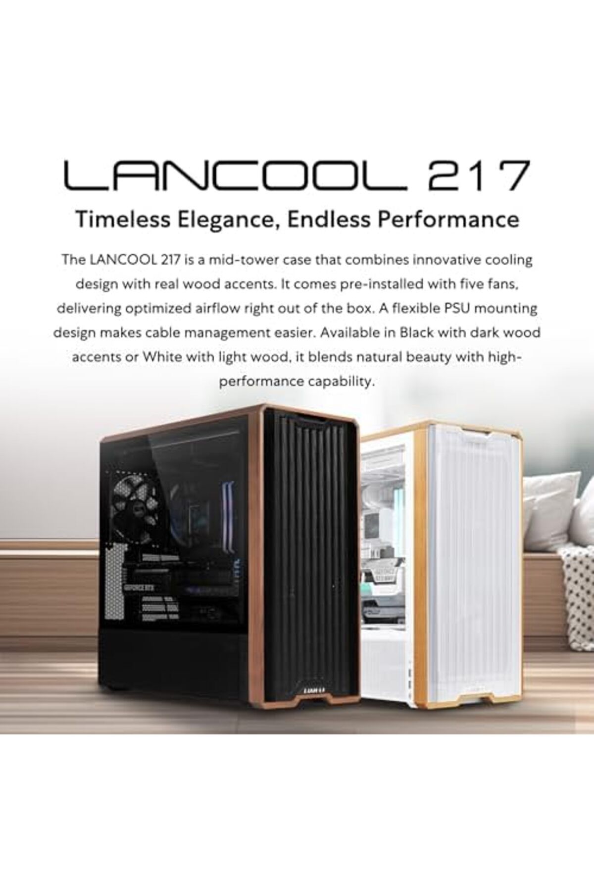 Lian Li-LANCOOL 217 Genuine Walnut Wood Computer Case, Mid-Tower ATX PC Case with 5 Pre-Installed PW 4