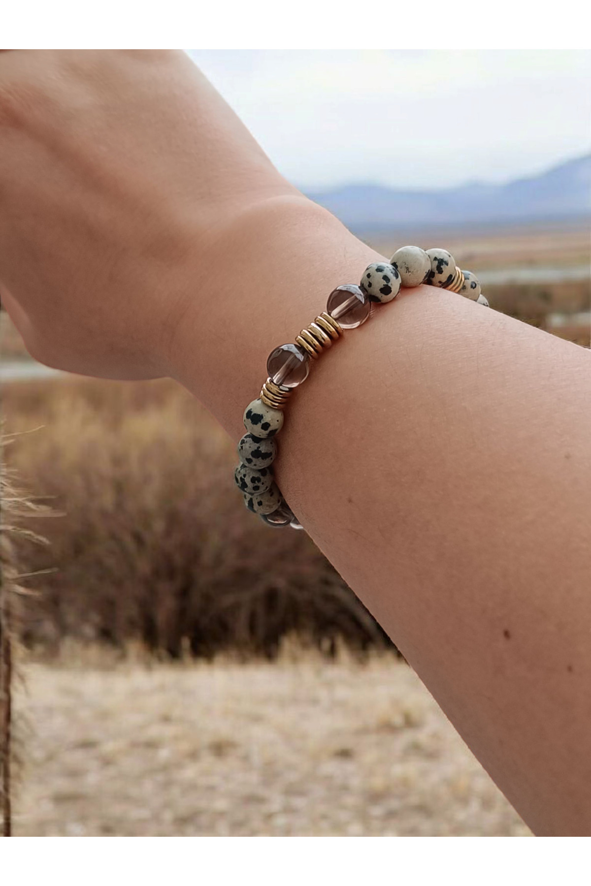 ms denis-"Nature's Magic: Unique Bracelet Designed with Dalmatian Jasper, Smoky Quartz and Gold Hematite" 5