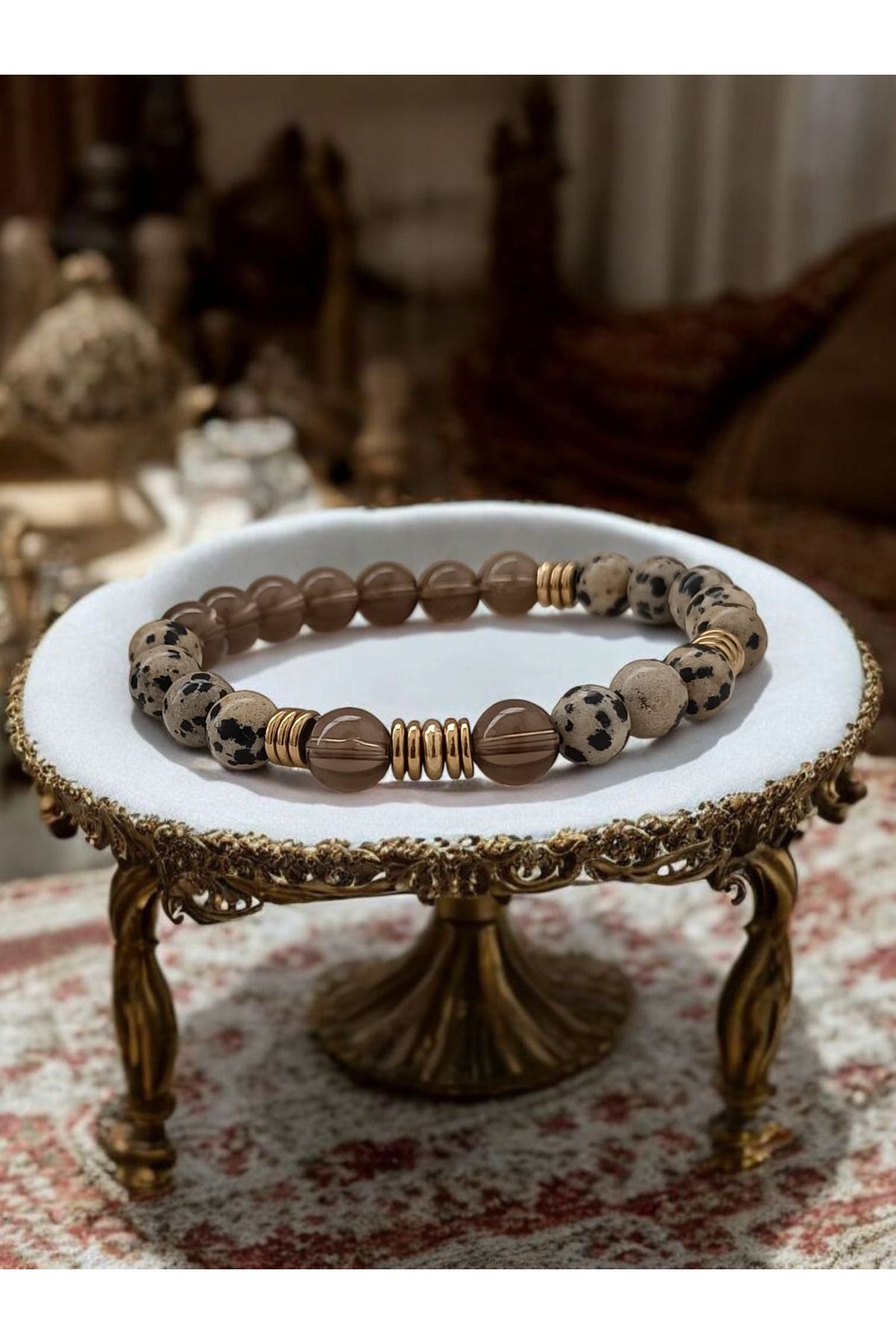 ms denis-"Nature's Magic: Unique Bracelet Designed with Dalmatian Jasper, Smoky Quartz and Gold Hematite" 1