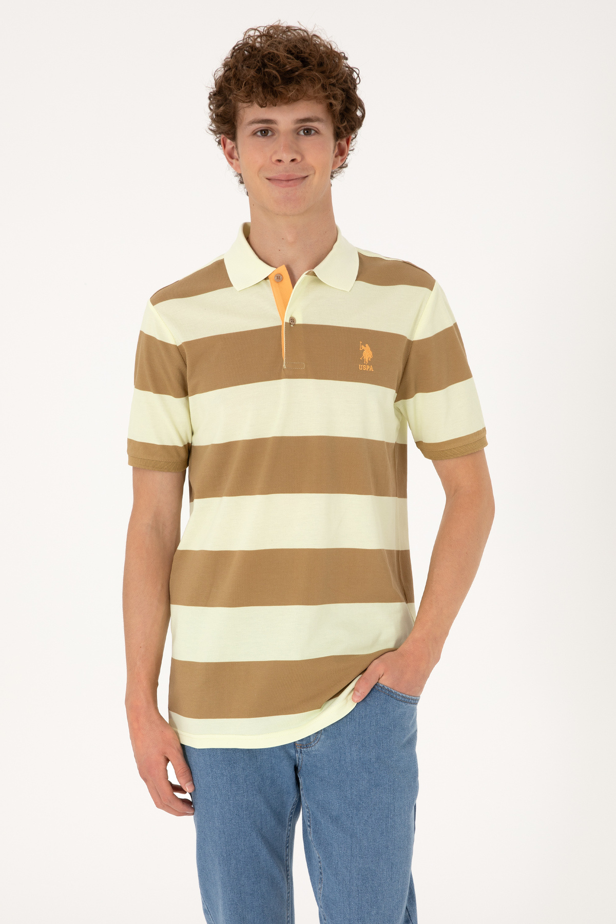 تی شرت مردانه طرح راه راه خاکی یقه پولو سایز معمولی برند یو اس پولو کد:(50306827-VR027) U.S. Polo Assn.