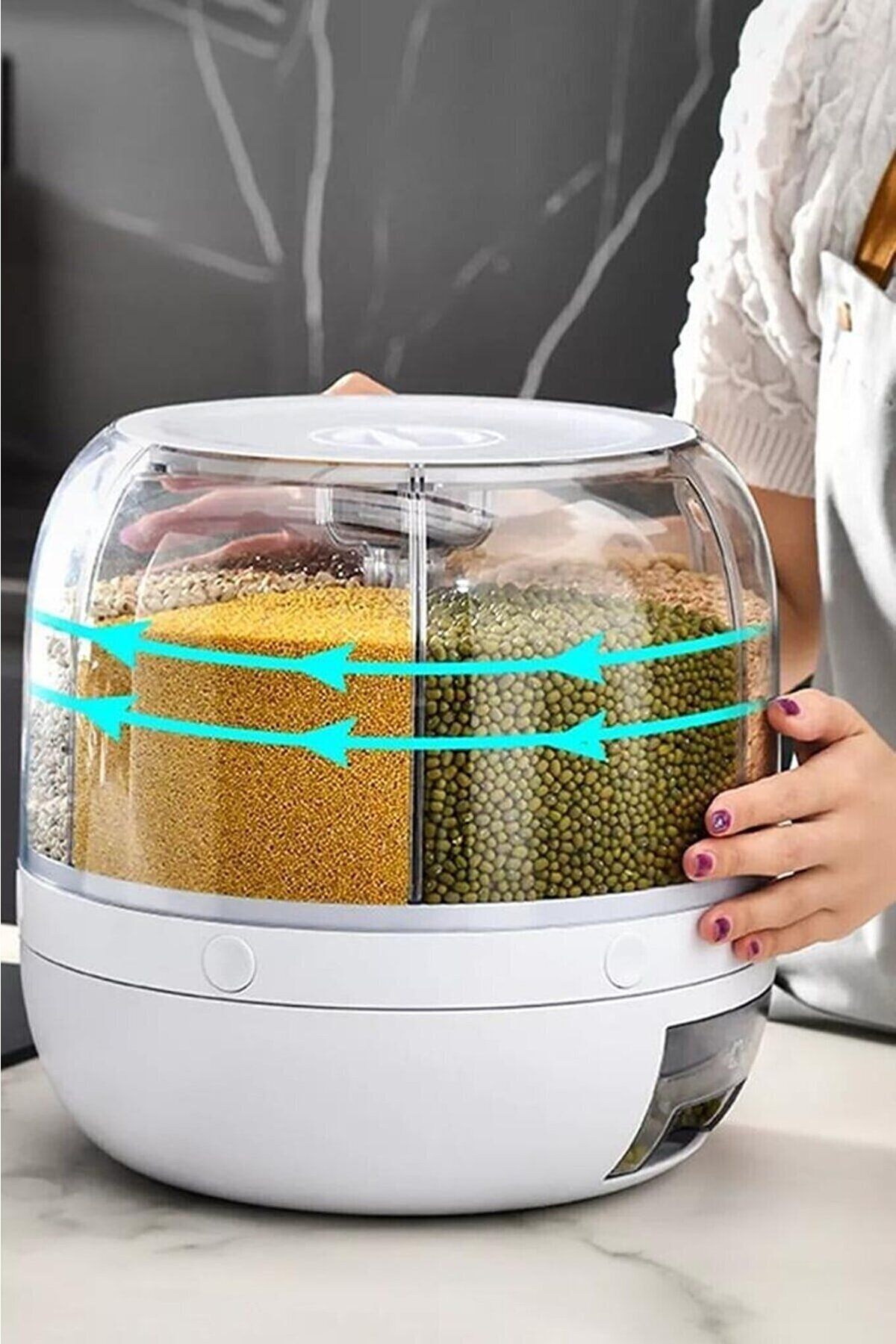 çeçem ticaret-360° Rotatable Dry Food and Pulses Organizer 6 Compartments Airtight Storage Container 6 lt (CLZ) 4