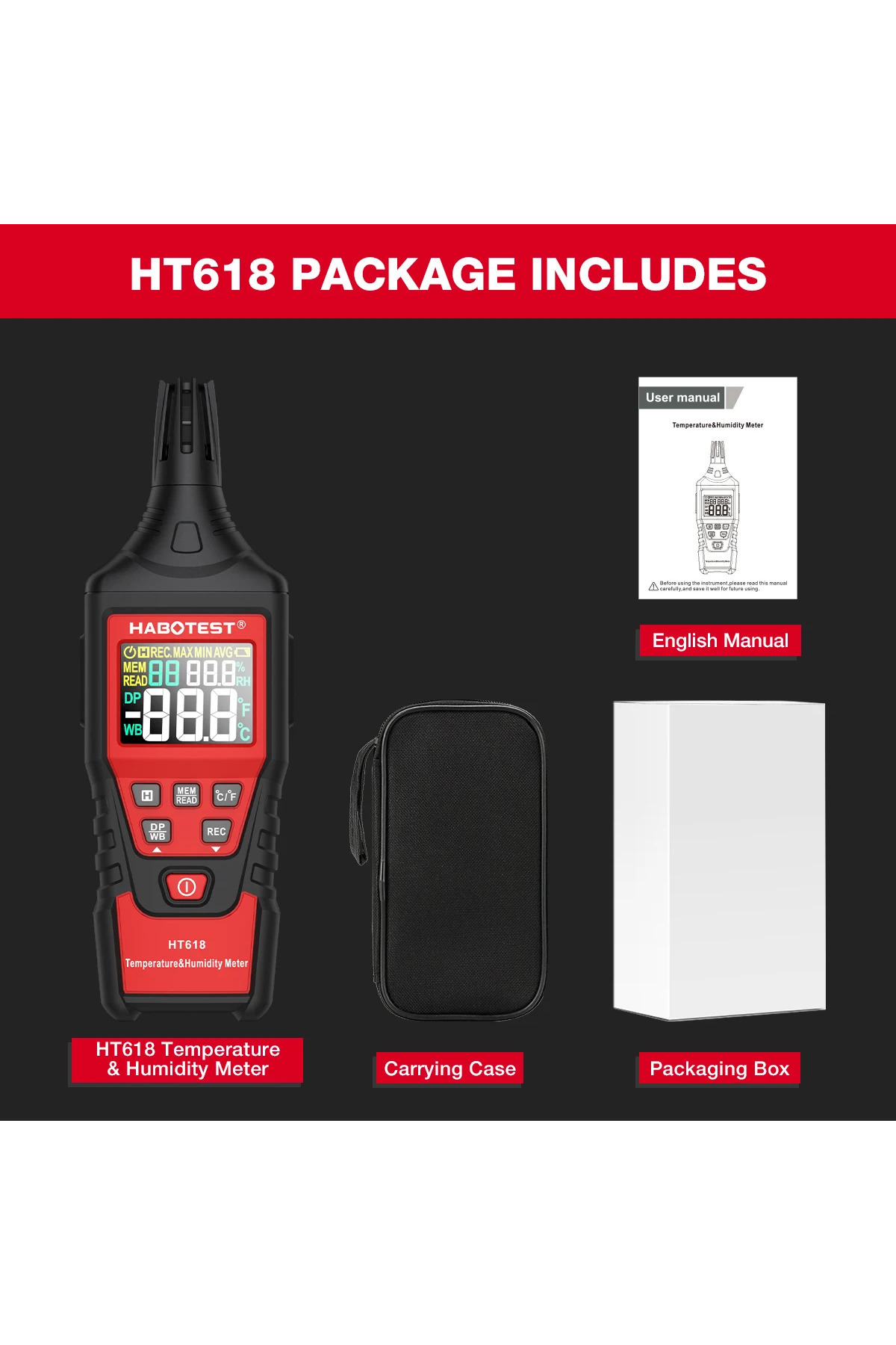 Choice-HT618 HABOTEST HT618 Digital Psychrometer Thermometer Hygrometer with Backlight Temperature and Humi 1