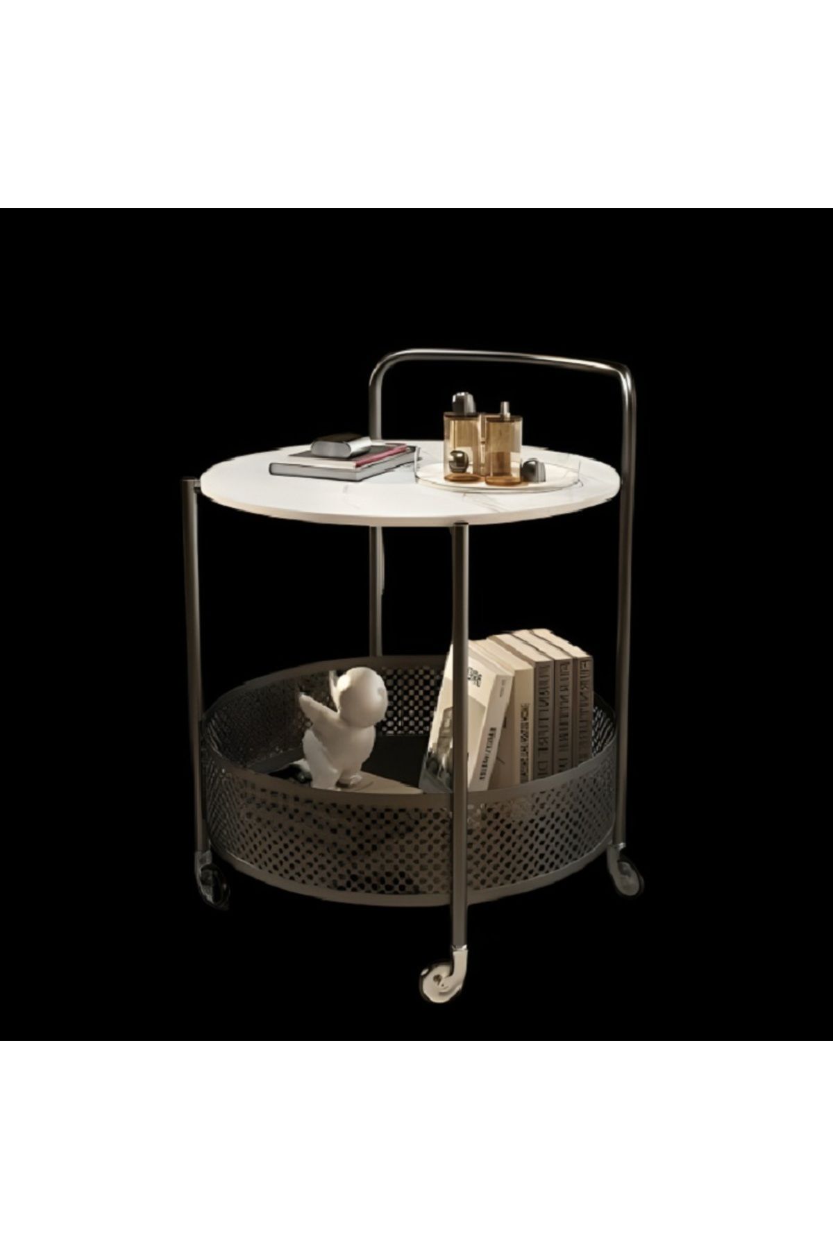 rexa-Modern Round Bar Cart with Marble Top & Mesh Storage - Rolling Side Table 3