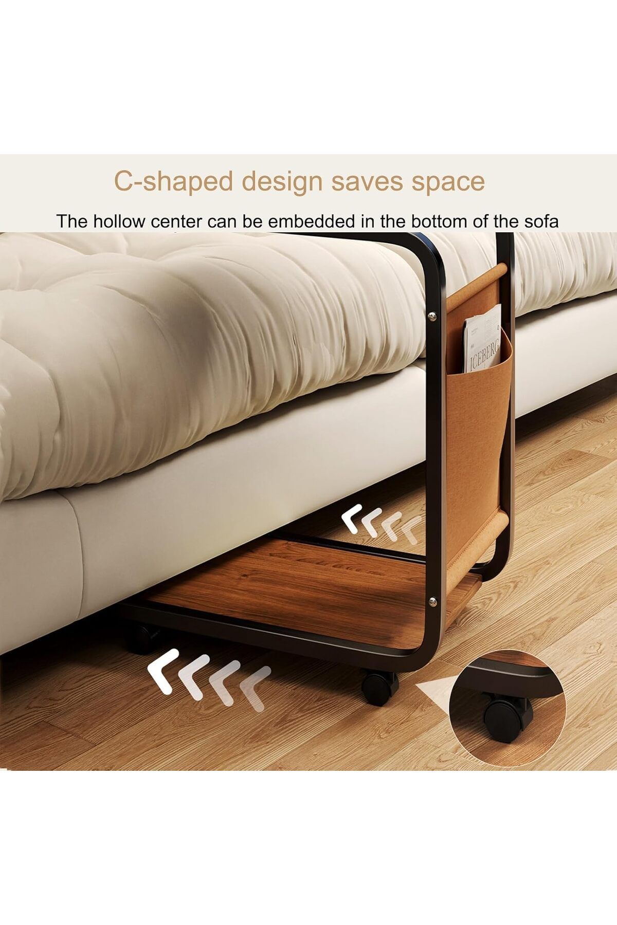 rexa-C-Shaped Rolling Side Table with Storage Pocket - Sofa End Table 3