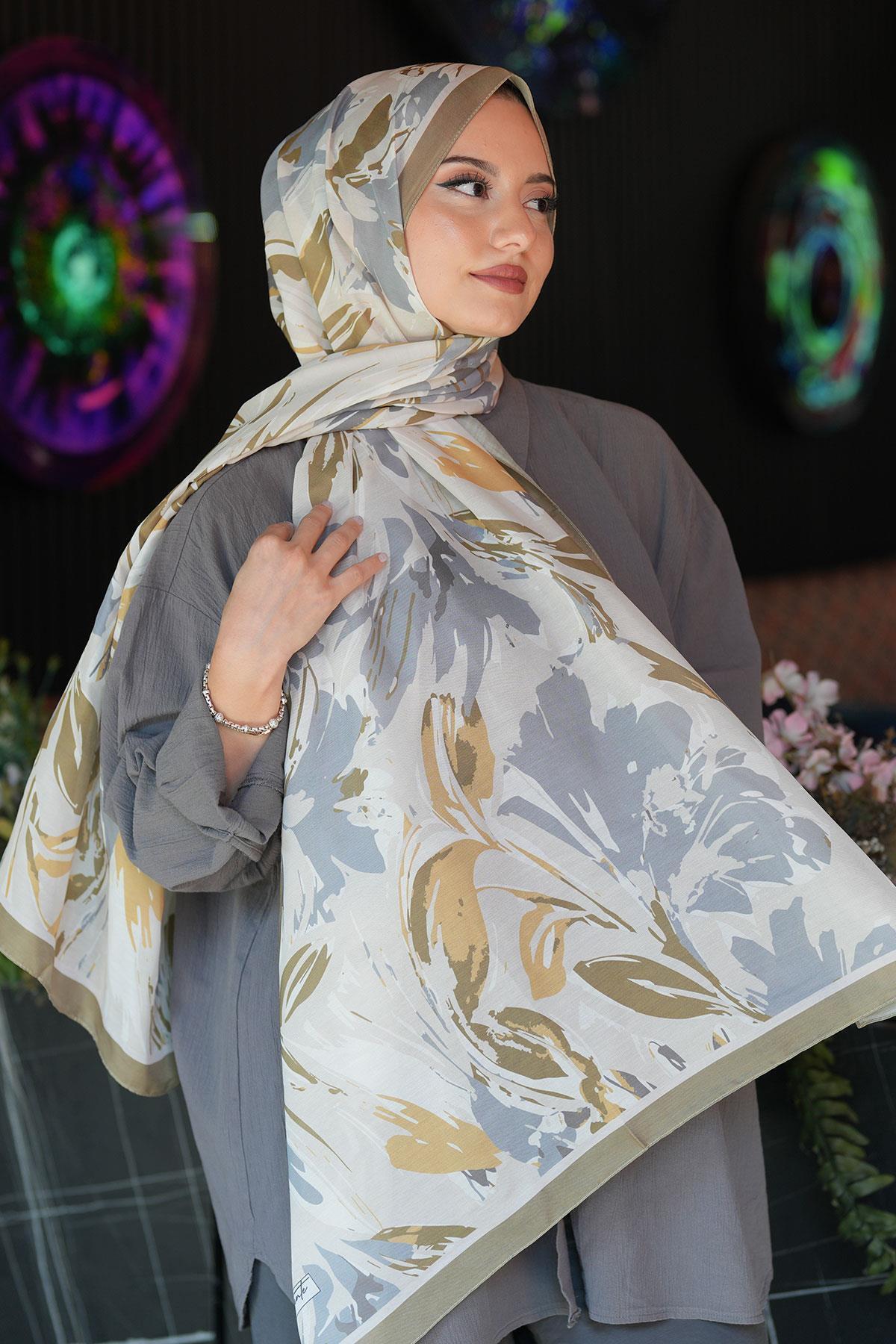 AFVENTE  Zambak Çiçek Desen Gri Soft Pamuk Şal - Görsel 4